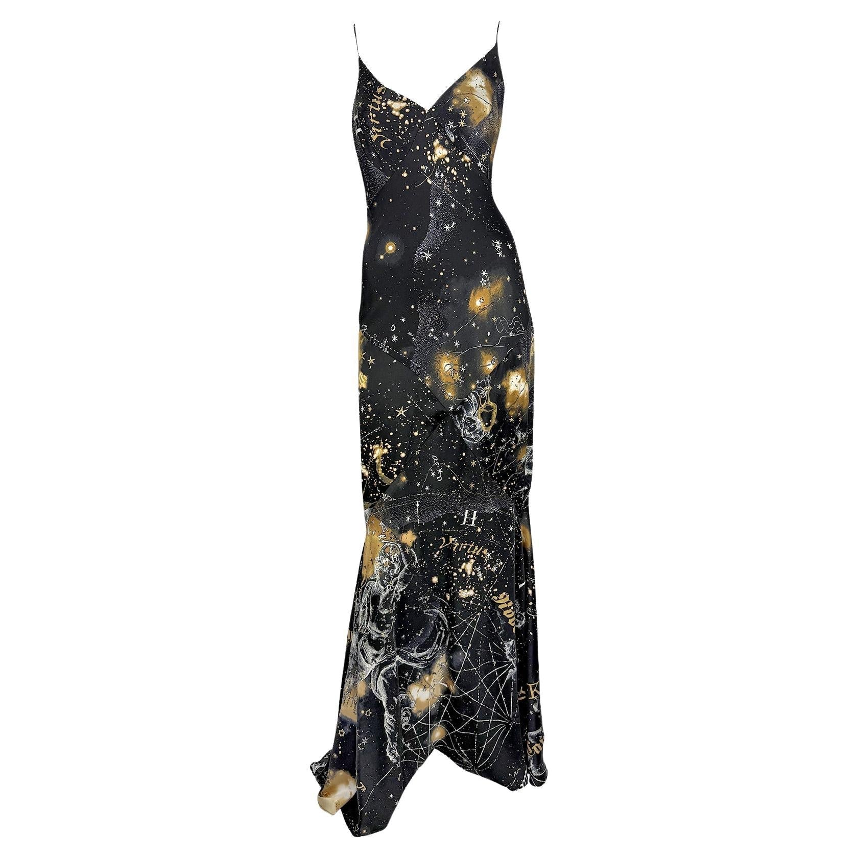 2003 Roberto Cavalli Astrology Logo Print Gold Glitter Silk Satin Evening Gown - RealList