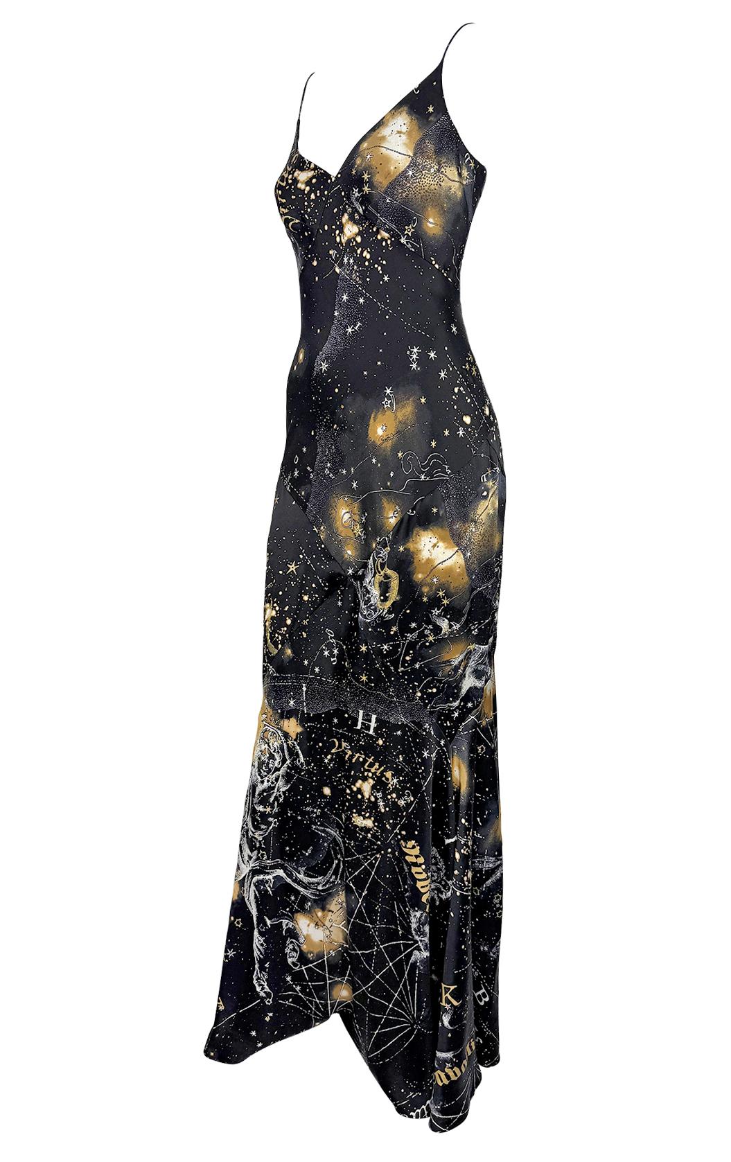 2003 Roberto Cavalli Astrology Logo Print Gold Glitter Silk Satin Evening Gown - RealList