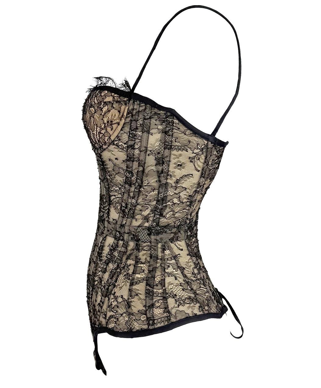 2003 Roberto Cavalli Beige Lace - Up Corset Bustier Bodysuit Black Lace Overlay - RealList