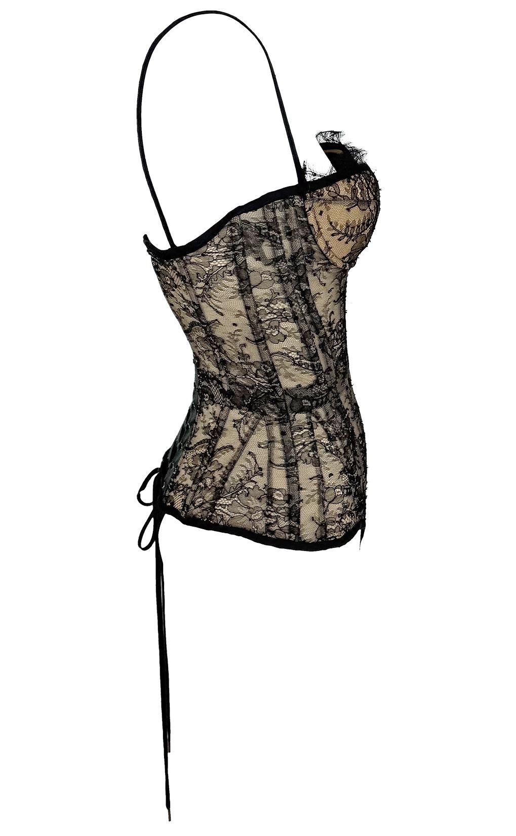 2003 Roberto Cavalli Beige Lace - Up Corset Bustier Bodysuit Black Lace Overlay - RealList