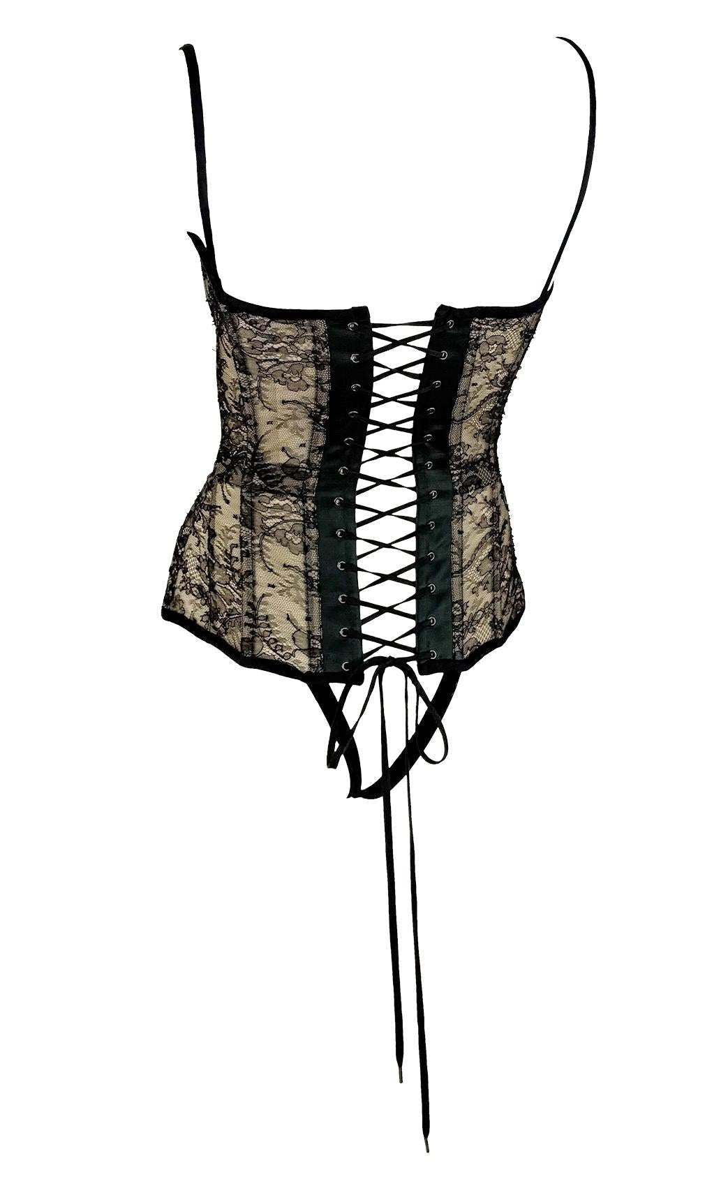 2003 Roberto Cavalli Beige Lace - Up Corset Bustier Bodysuit Black Lace Overlay - RealList