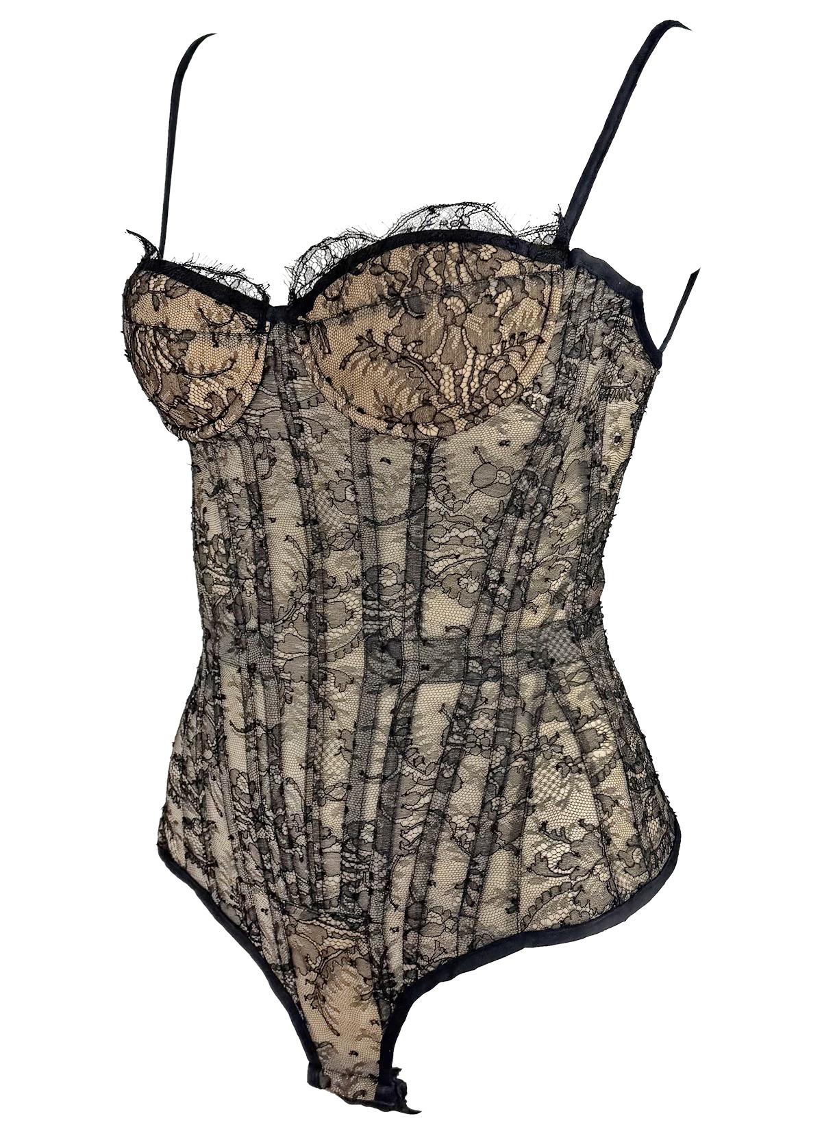 2003 Roberto Cavalli Beige Lace - Up Corset Bustier Bodysuit Black Lace Overlay - RealList
