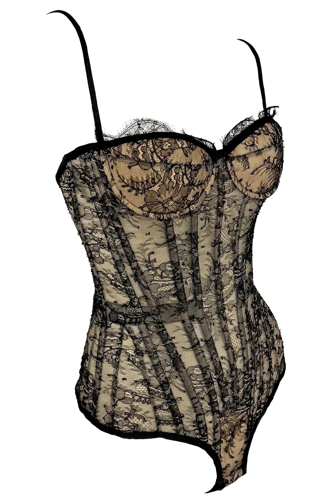 2003 Roberto Cavalli Beige Lace - Up Corset Bustier Bodysuit Black Lace Overlay - RealList