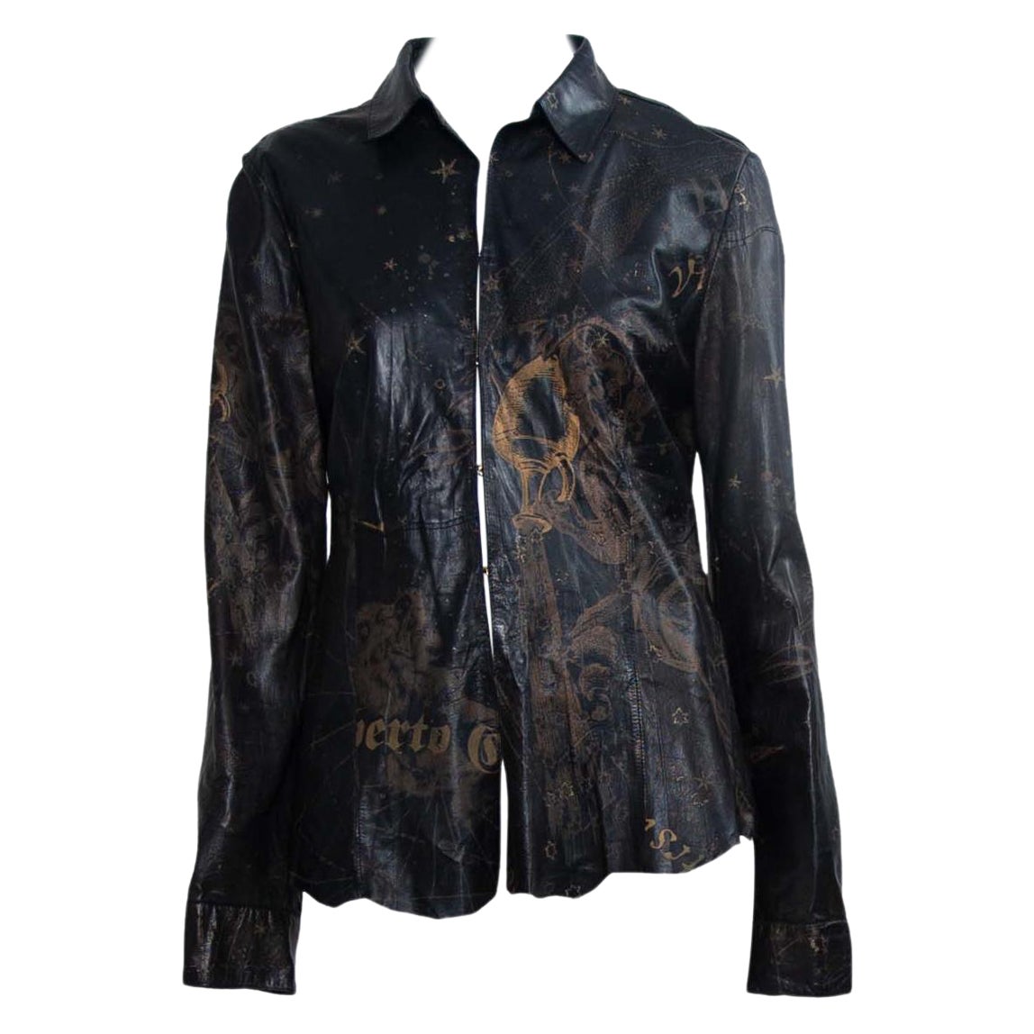 2003 Roberto Cavalli Leather Gold Astrology Print Hook Closure Shirt - RealList