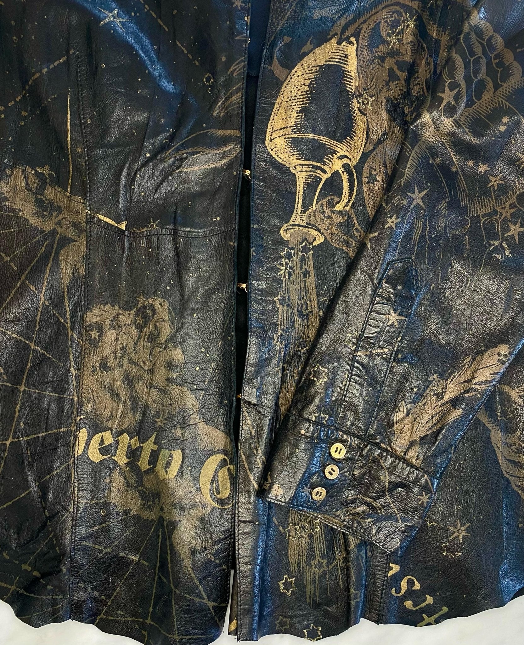 2003 Roberto Cavalli Leather Gold Astrology Print Hook Closure Shirt - RealList