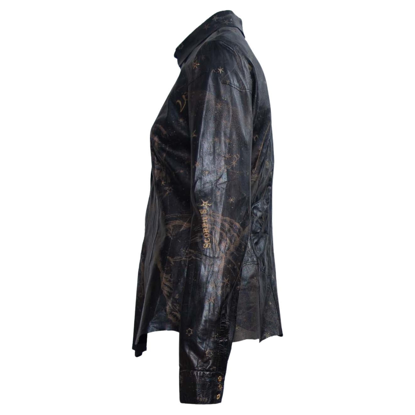 2003 Roberto Cavalli Leather Gold Astrology Print Hook Closure Shirt - RealList
