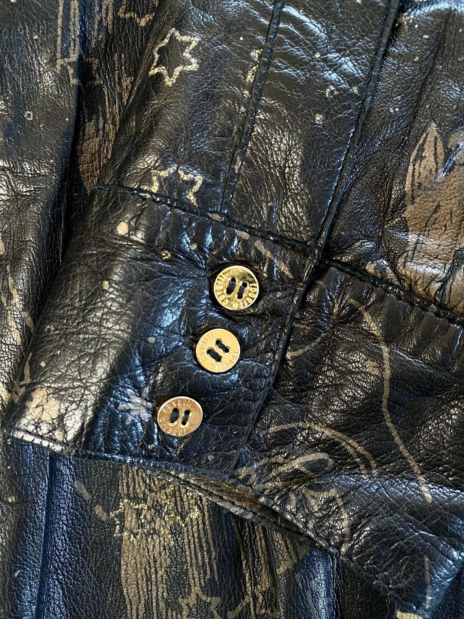 2003 Roberto Cavalli Leather Gold Astrology Print Hook Closure Shirt - RealList