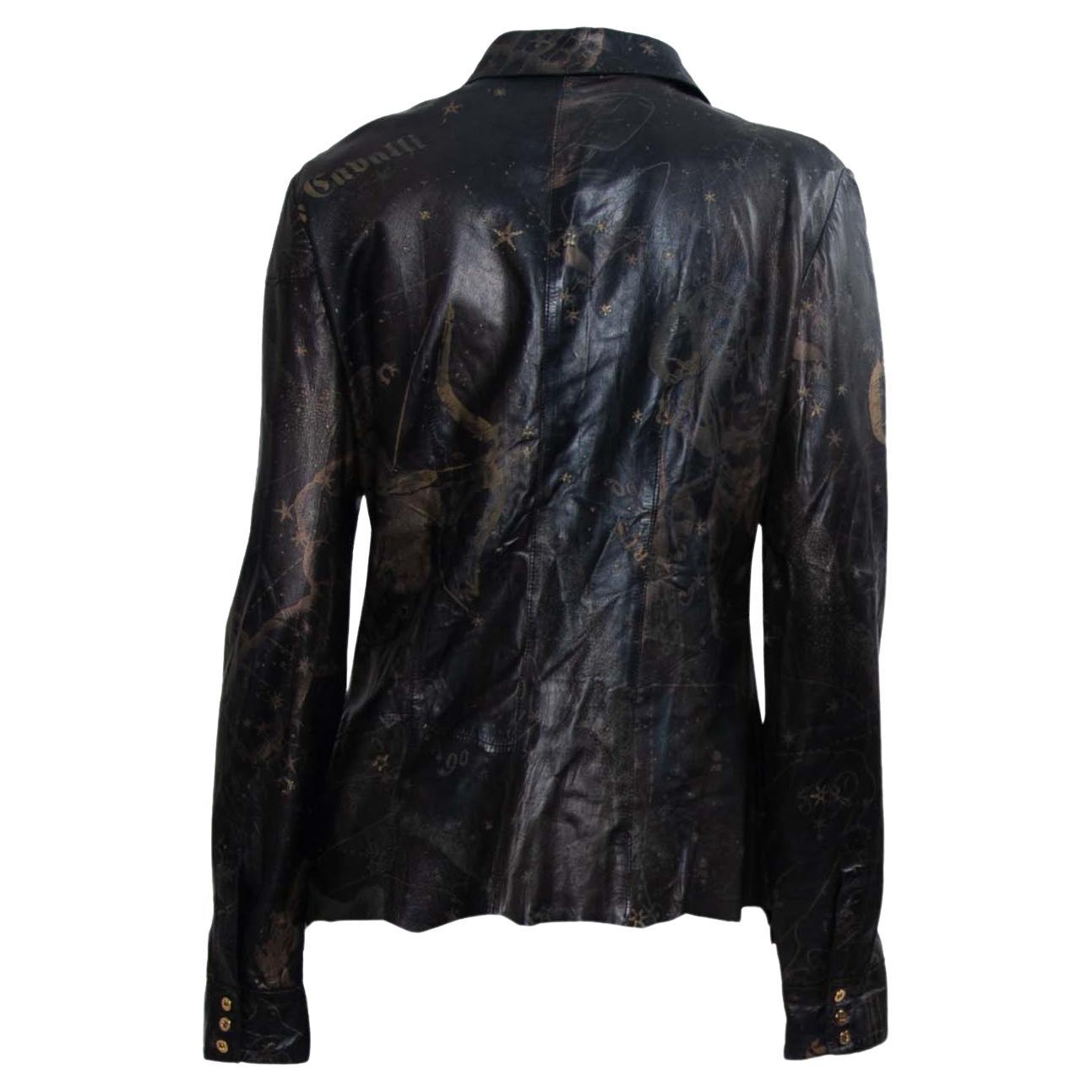 2003 Roberto Cavalli Leather Gold Astrology Print Hook Closure Shirt - RealList