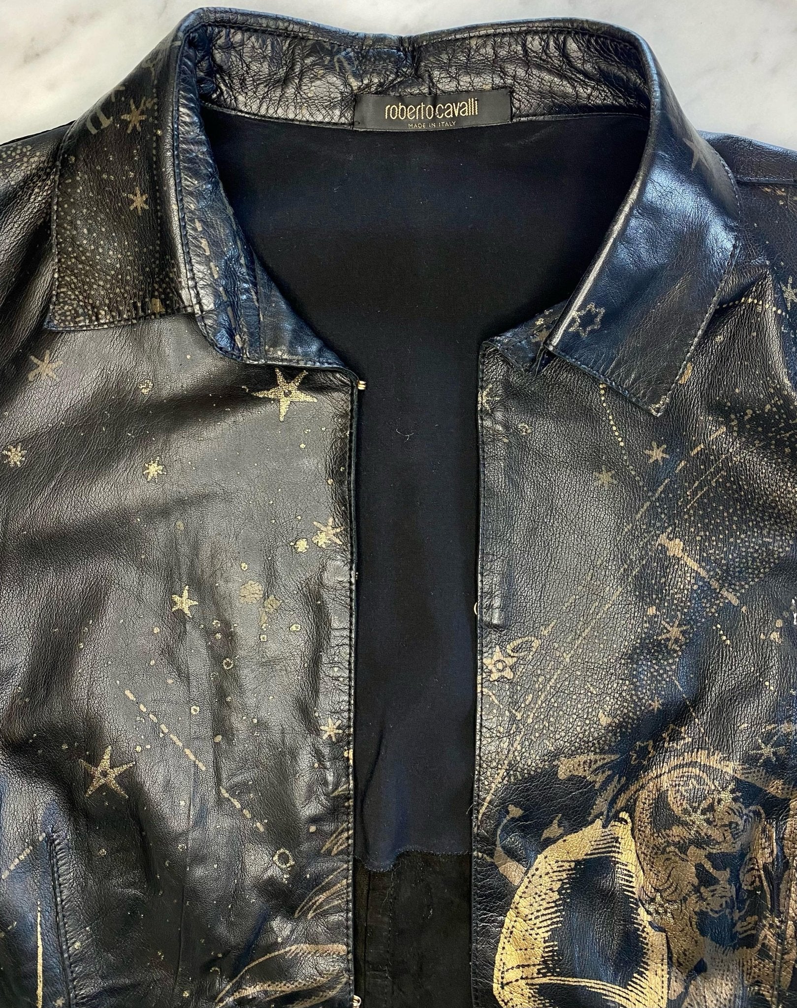 2003 Roberto Cavalli Leather Gold Astrology Print Hook Closure Shirt - RealList