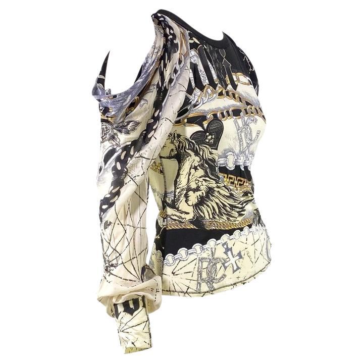 2003 Roberto Cavalli White Stretch Astrology Print Open Shoulder Shirt - RealList