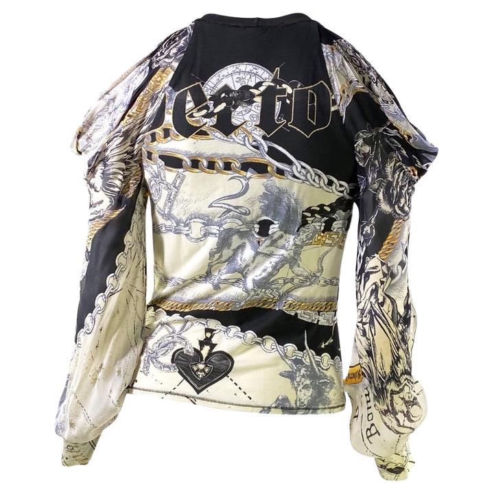 2003 Roberto Cavalli White Stretch Astrology Print Open Shoulder Shirt - RealList