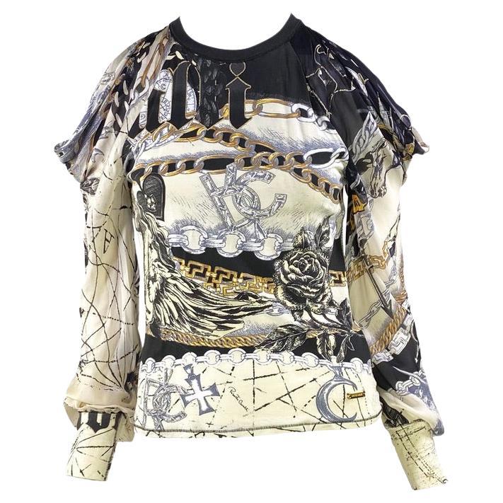 2003 Roberto Cavalli White Stretch Astrology Print Open Shoulder Shirt - RealList