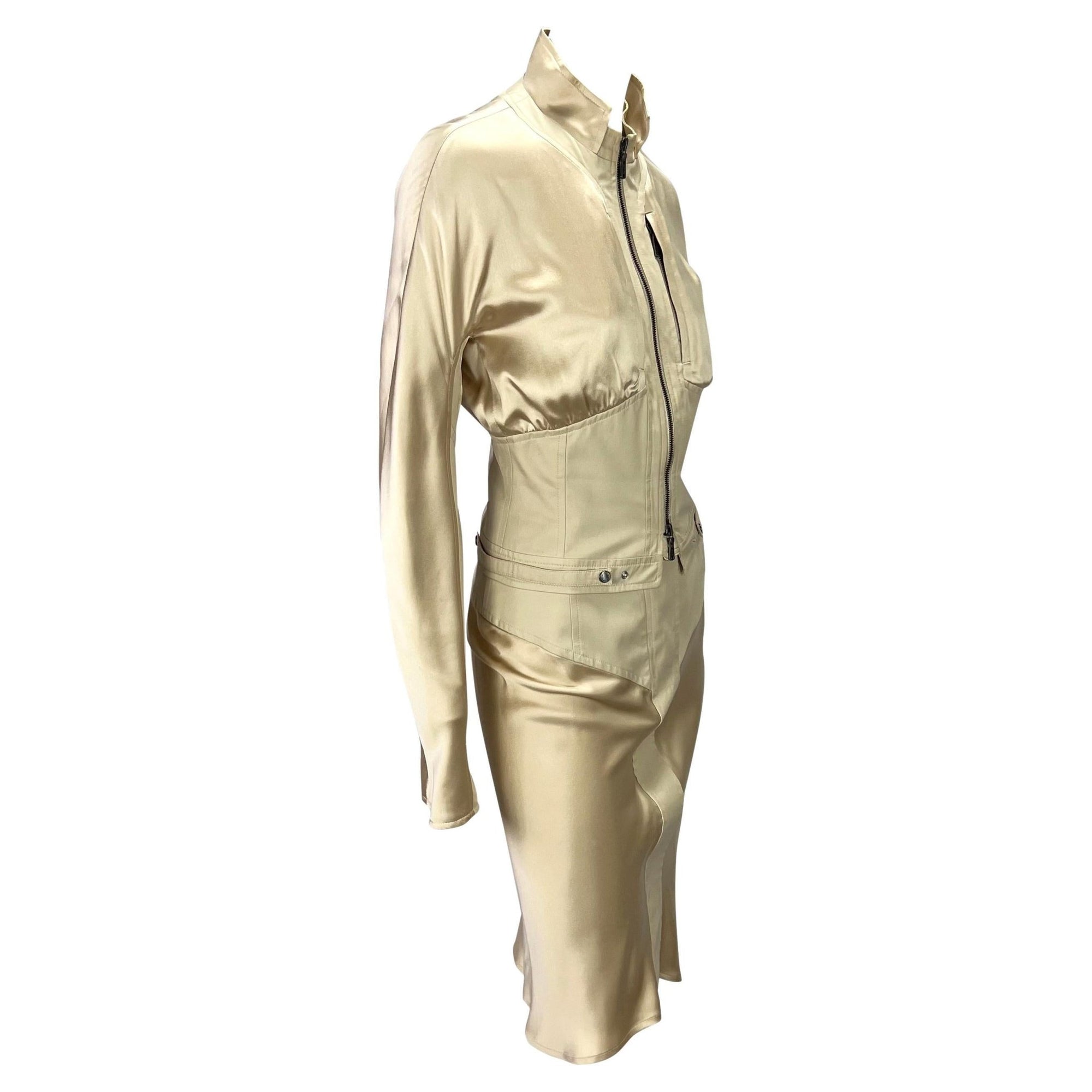 2003 Yves Saint Laurent by Tom Ford Champagne Silk Satin Jacket Skirt Set - RealList