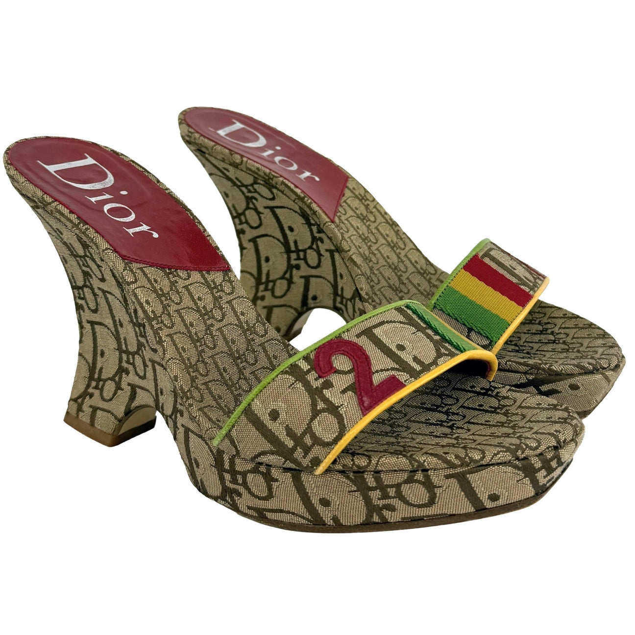 2004 Christian Dior by John Galliano Rasta Diorissimo Canvas Logo Wedge Heels - RealList