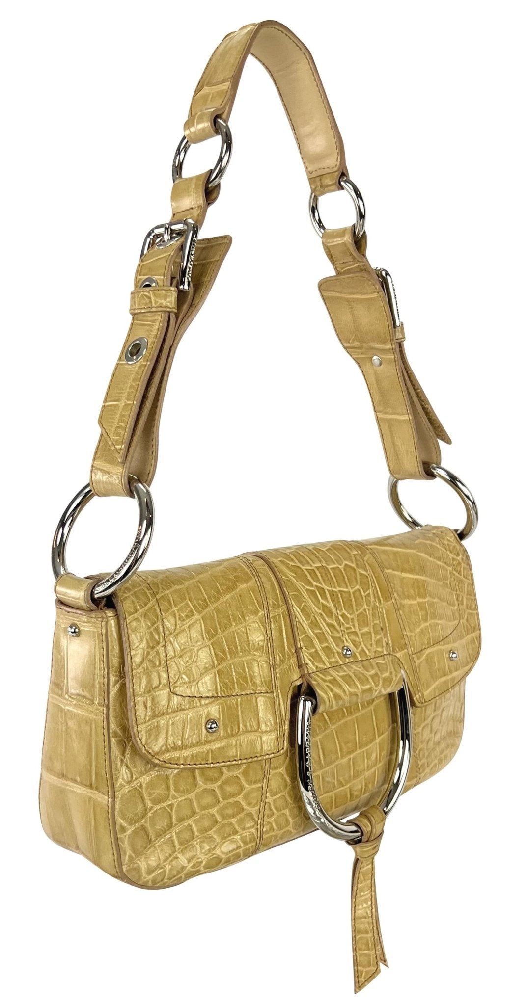 2004 Dolce & Gabbana Genuine Crocodile Tan Large Ring Flap Medium Shoulder Bag - RealList