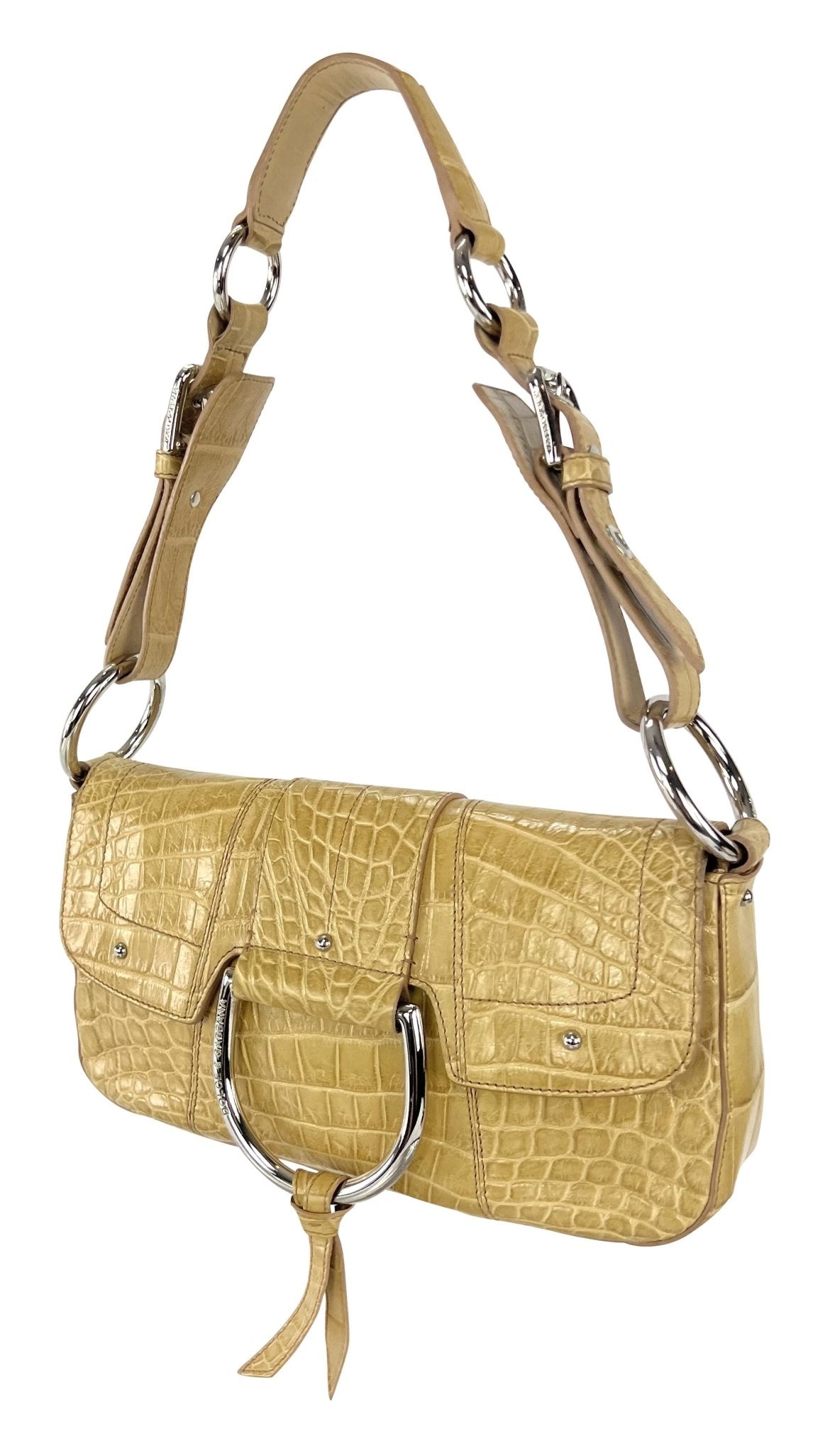 2004 Dolce & Gabbana Genuine Crocodile Tan Large Ring Flap Medium Shoulder Bag - RealList