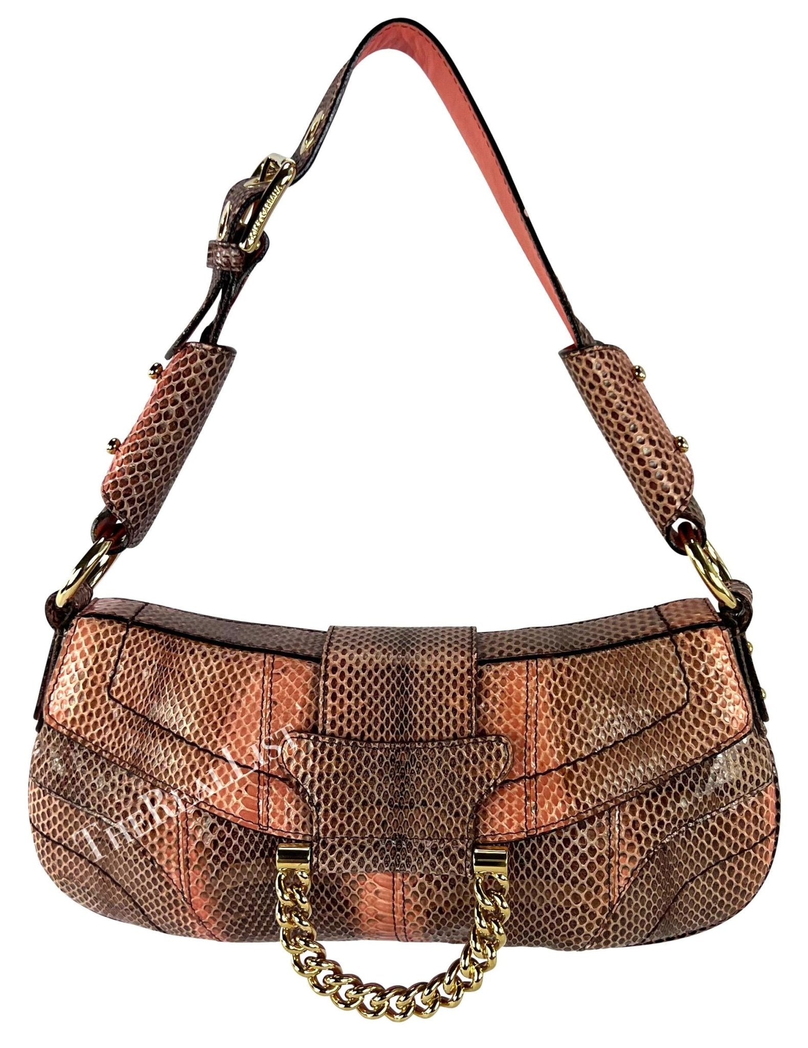 2004 Dolce & Gabbana Salmon Tone Snakeskin Chain Ring Small Shoulder Bag - RealList