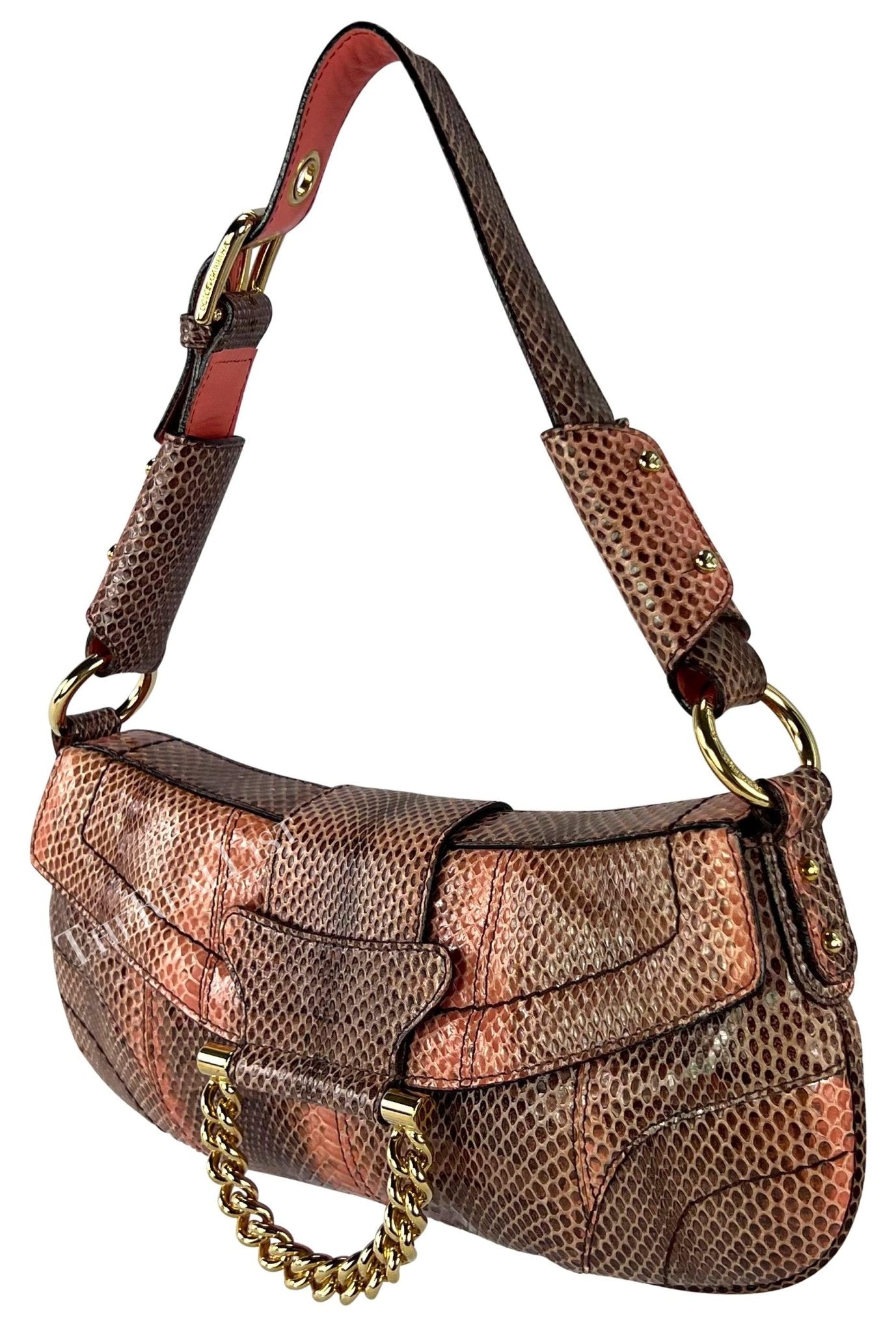 2004 Dolce & Gabbana Salmon Tone Snakeskin Chain Ring Small Shoulder Bag - RealList