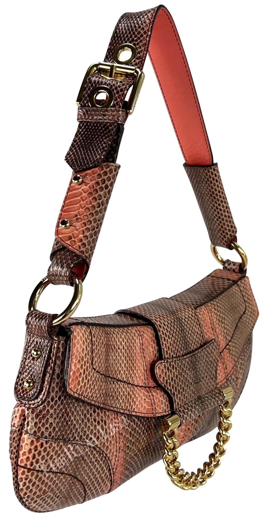 2004 Dolce & Gabbana Salmon Tone Snakeskin Chain Ring Small Shoulder Bag - RealList
