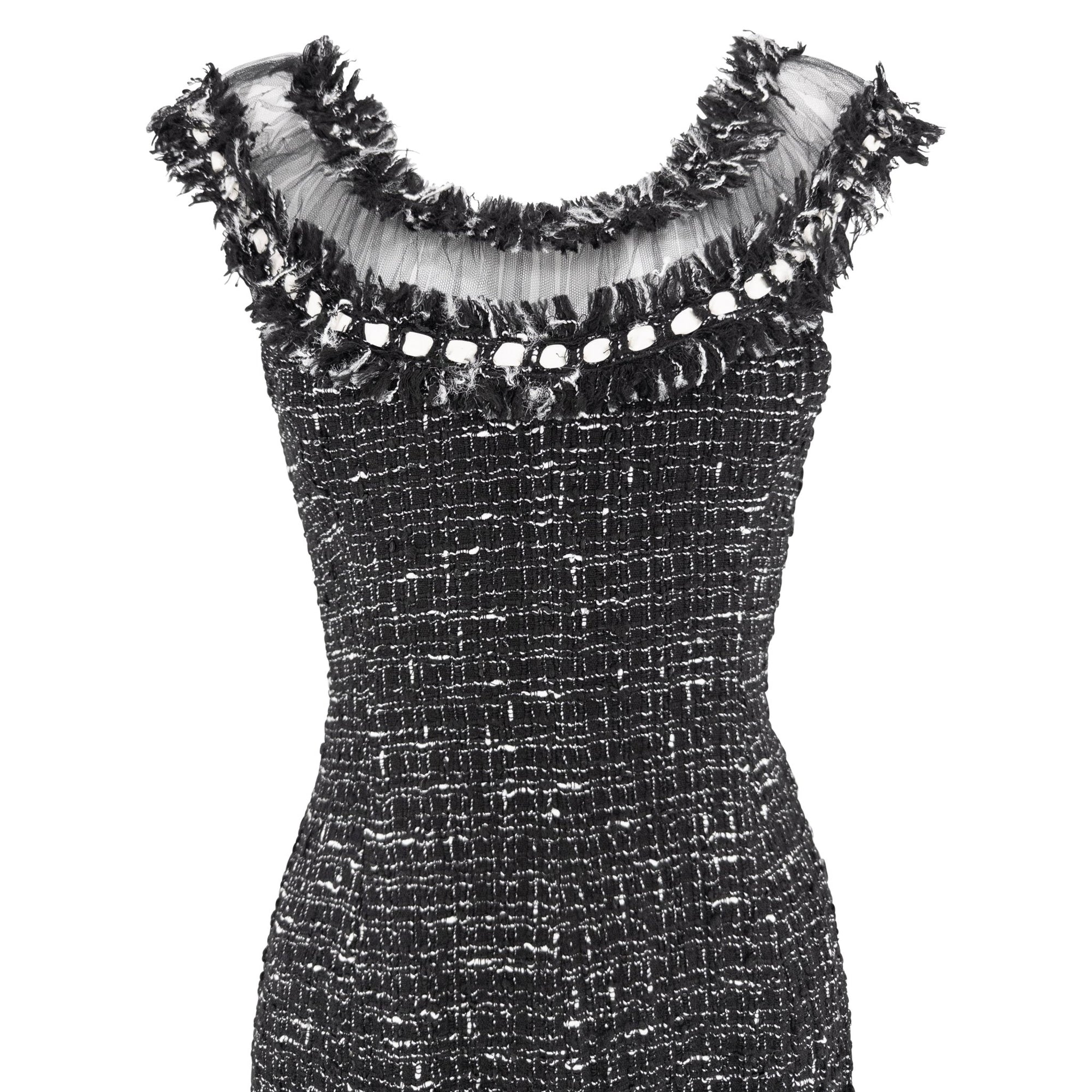 2004 Emanuel Ungaro Black Tweed Sheer Mesh Flared Midi Dress - RealList