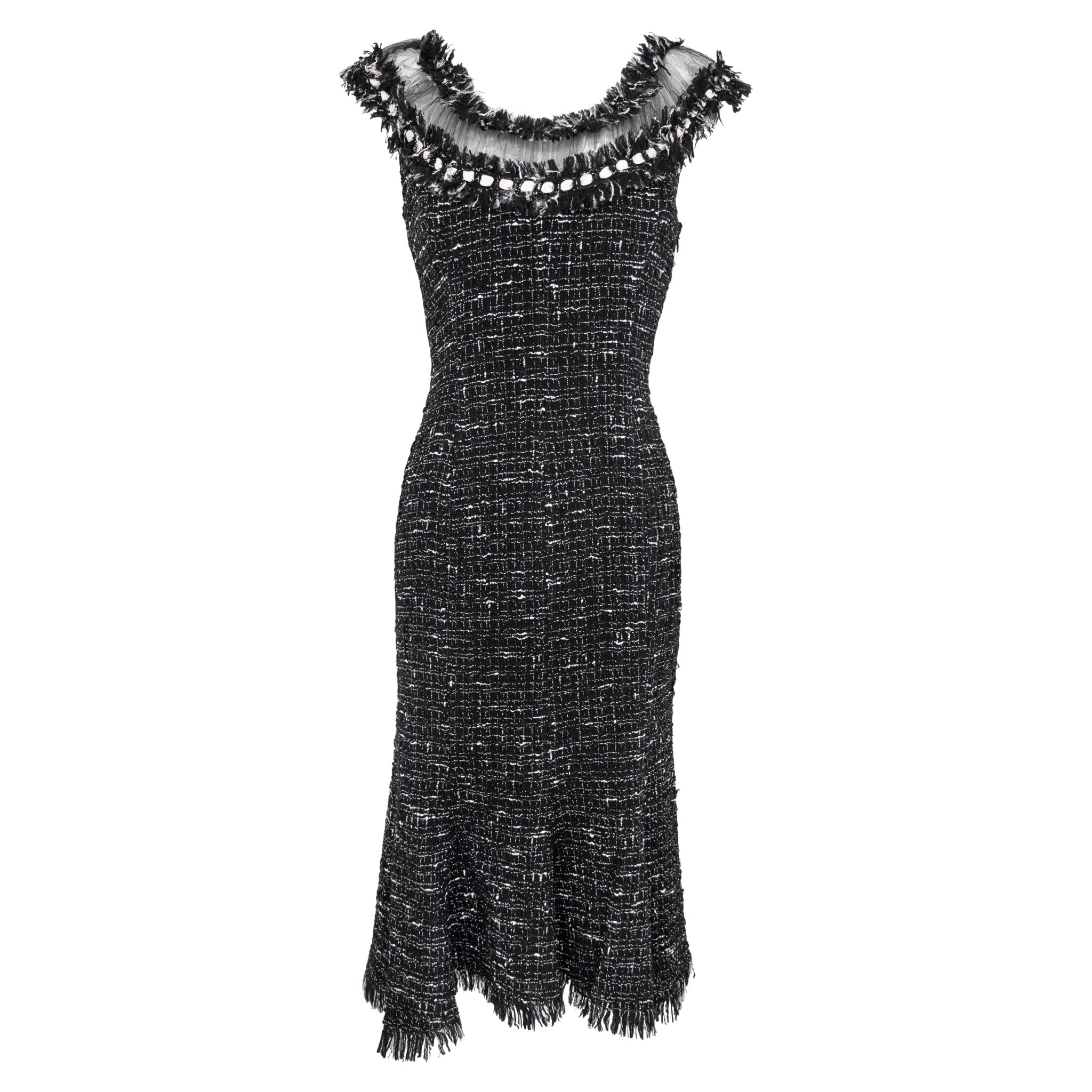 2004 Emanuel Ungaro Black Tweed Sheer Mesh Flared Midi Dress - RealList