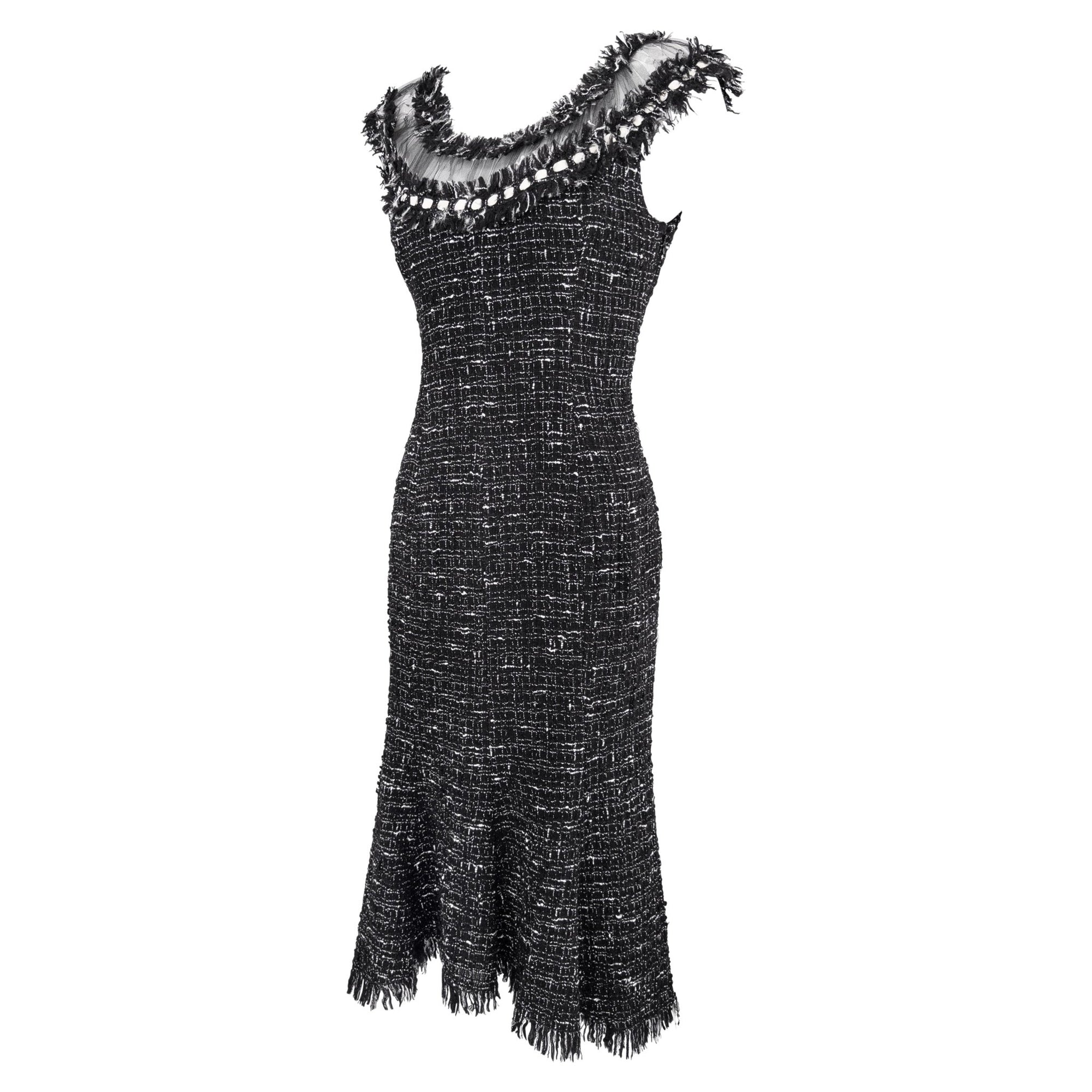 2004 Emanuel Ungaro Black Tweed Sheer Mesh Flared Midi Dress - RealList