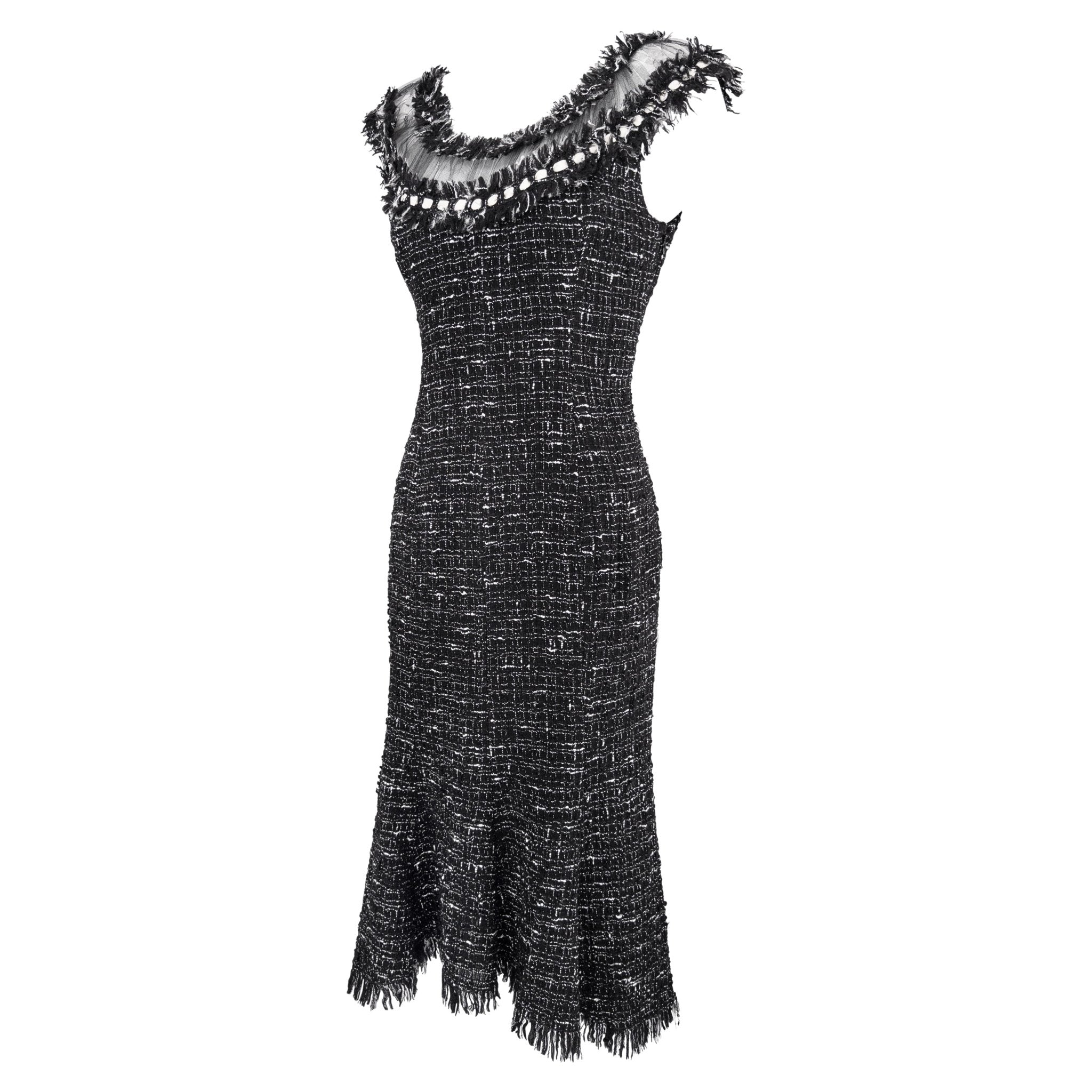 2004 Emanuel Ungaro Black Tweed Sheer Mesh Flared Midi Dress - RealList
