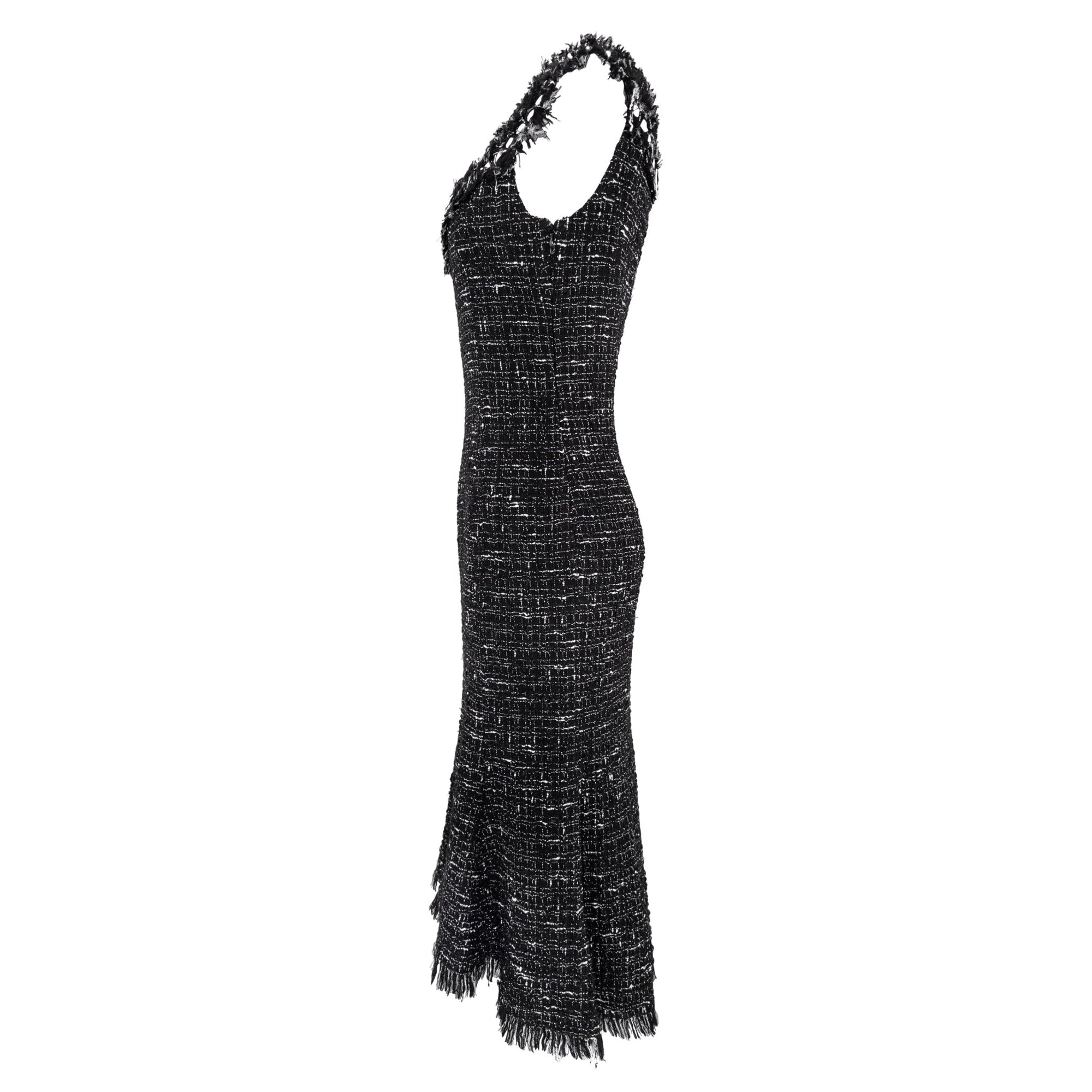 2004 Emanuel Ungaro Black Tweed Sheer Mesh Flared Midi Dress - RealList
