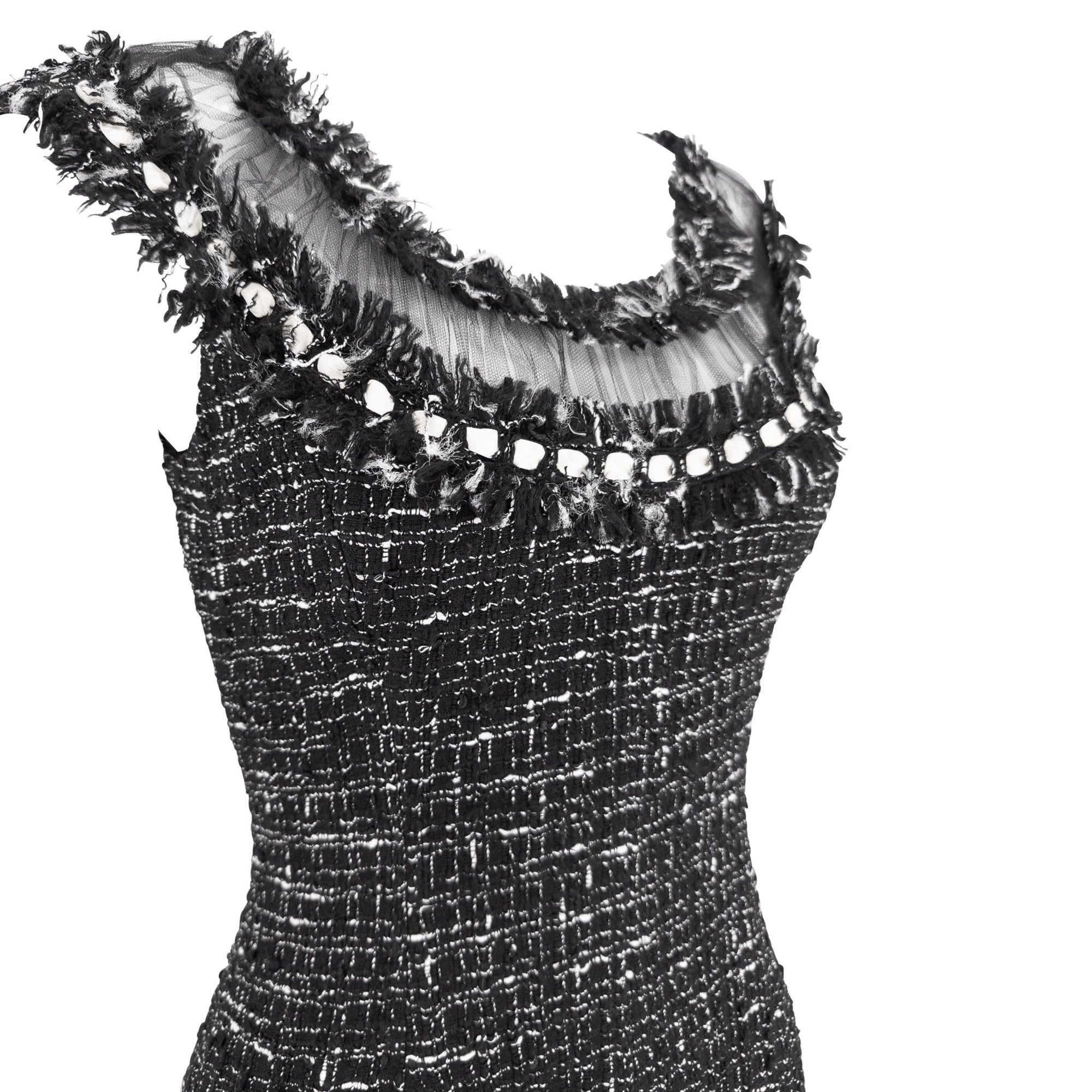 2004 Emanuel Ungaro Black Tweed Sheer Mesh Flared Midi Dress - RealList