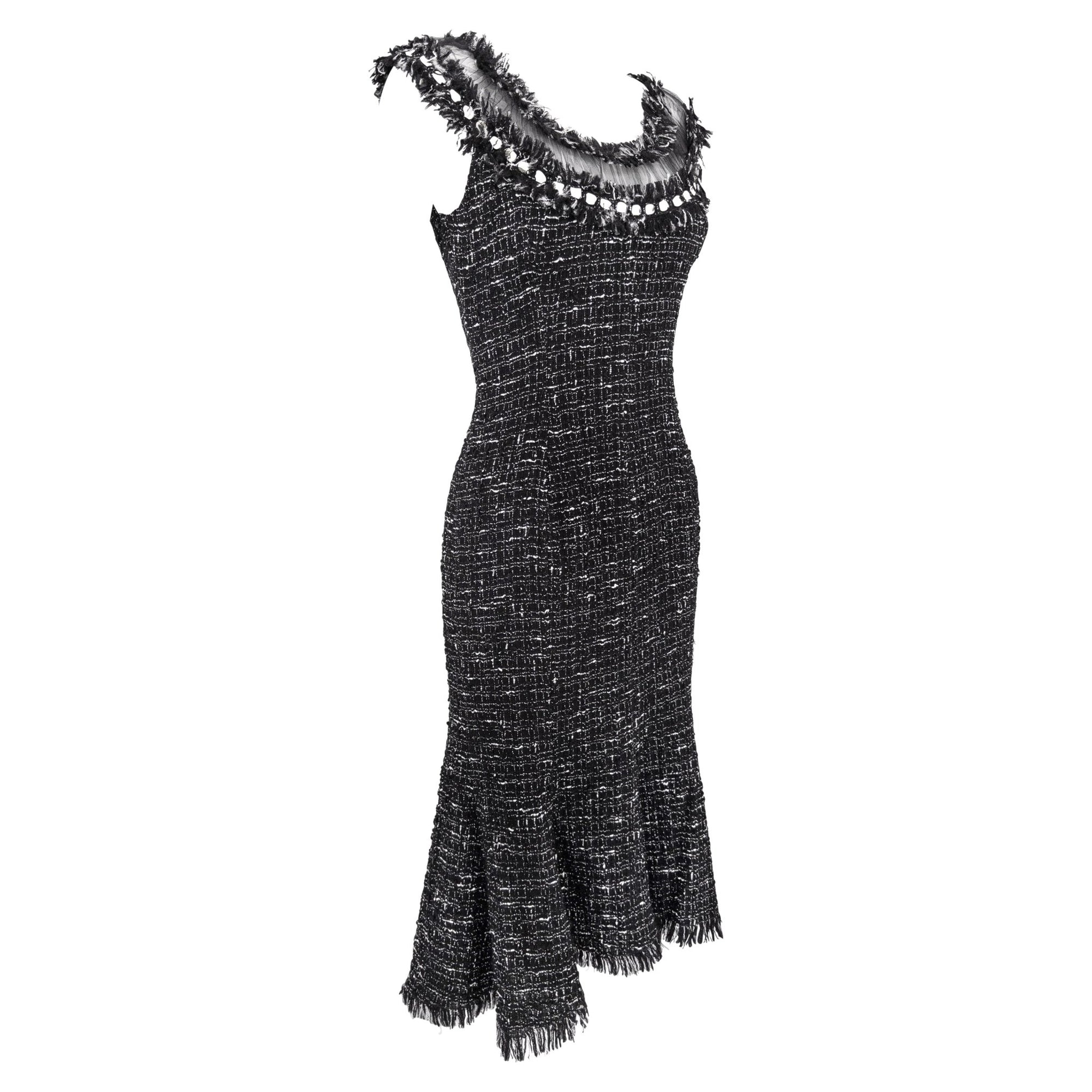 2004 Emanuel Ungaro Black Tweed Sheer Mesh Flared Midi Dress - RealList