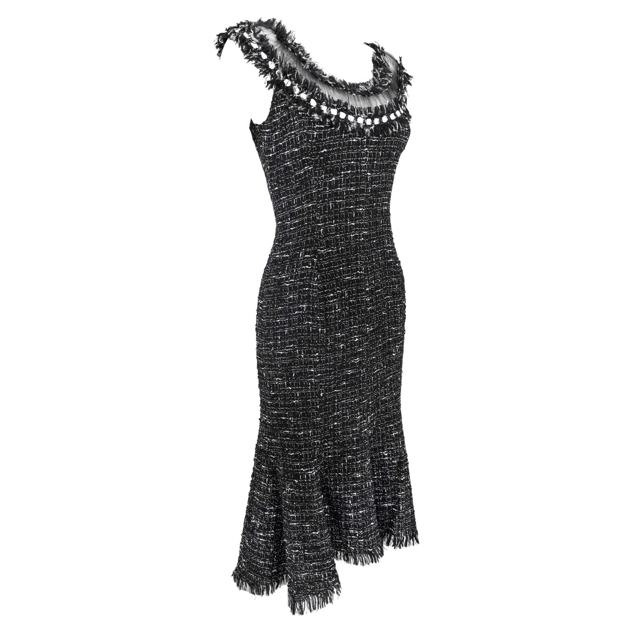 2004 Emanuel Ungaro Black Tweed Sheer Mesh Flared Midi Dress - RealList