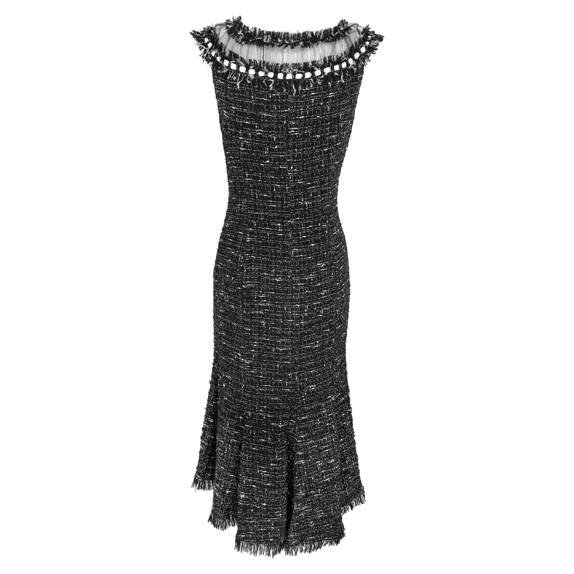 2004 Emanuel Ungaro Black Tweed Sheer Mesh Flared Midi Dress - RealList