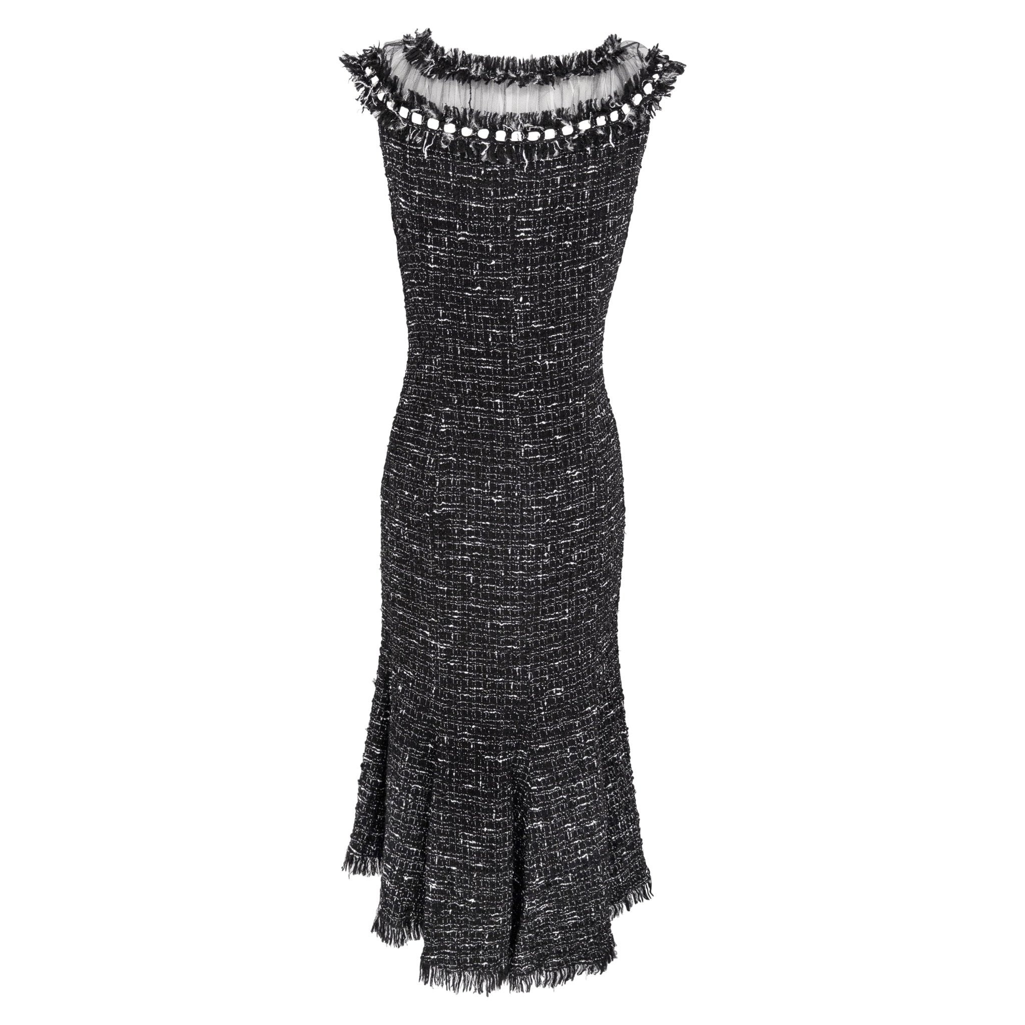 2004 Emanuel Ungaro Black Tweed Sheer Mesh Flared Midi Dress - RealList