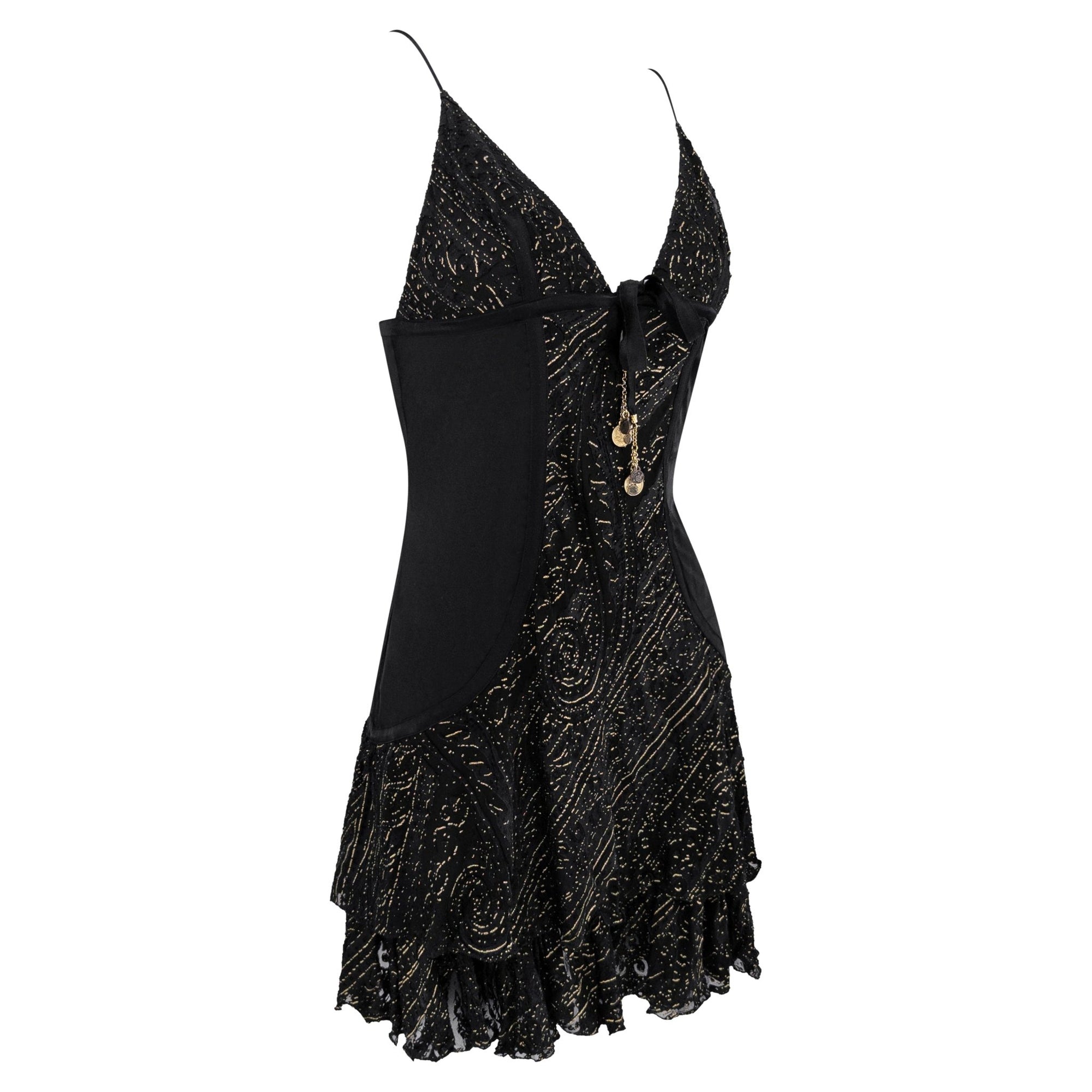 2004 Roberto Cavalli Black Silk Gold Charm Devoré Ruffled Mini Slip Dress - RealList