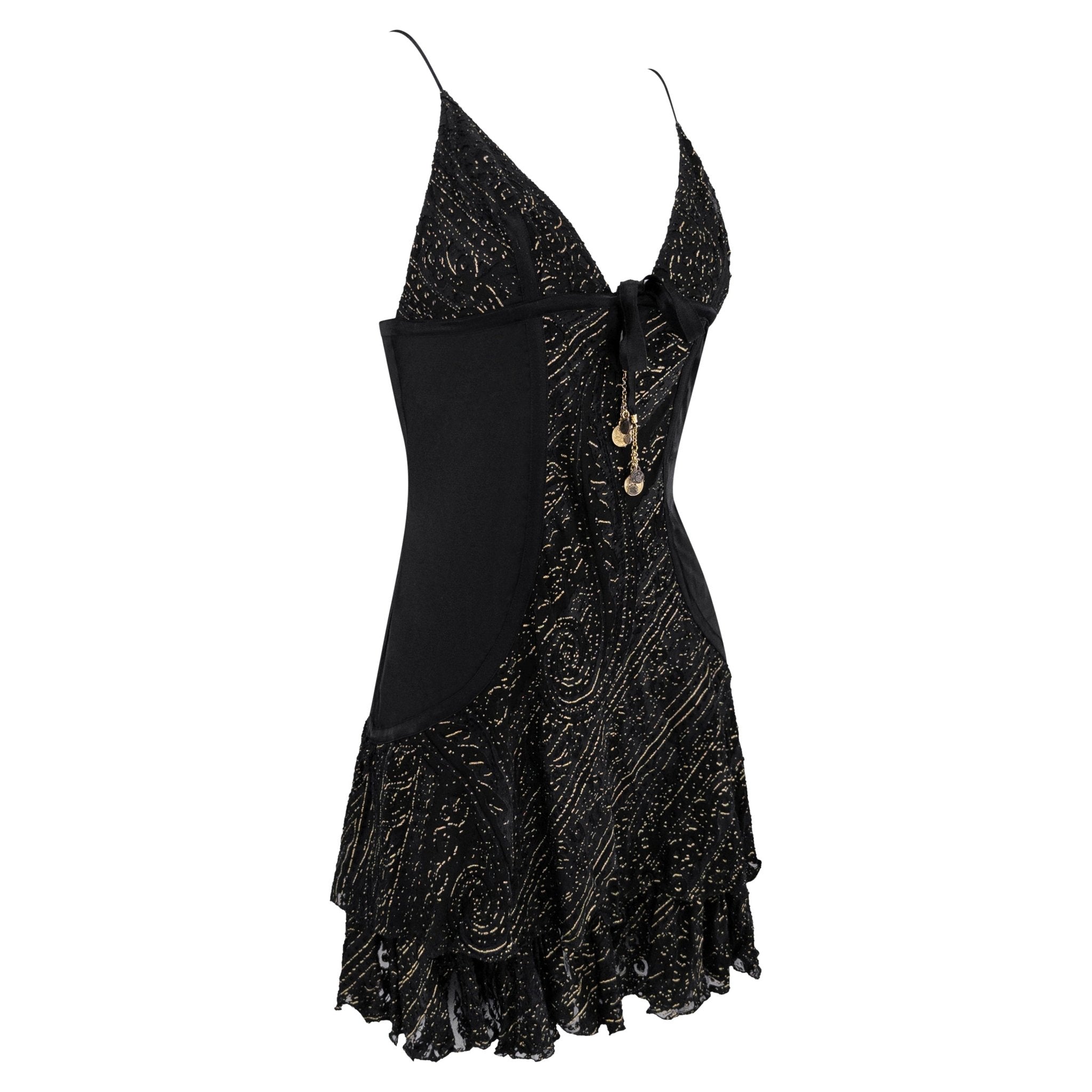 2004 Roberto Cavalli Black Silk Gold Charm Devoré Ruffled Mini Slip Dress - RealList