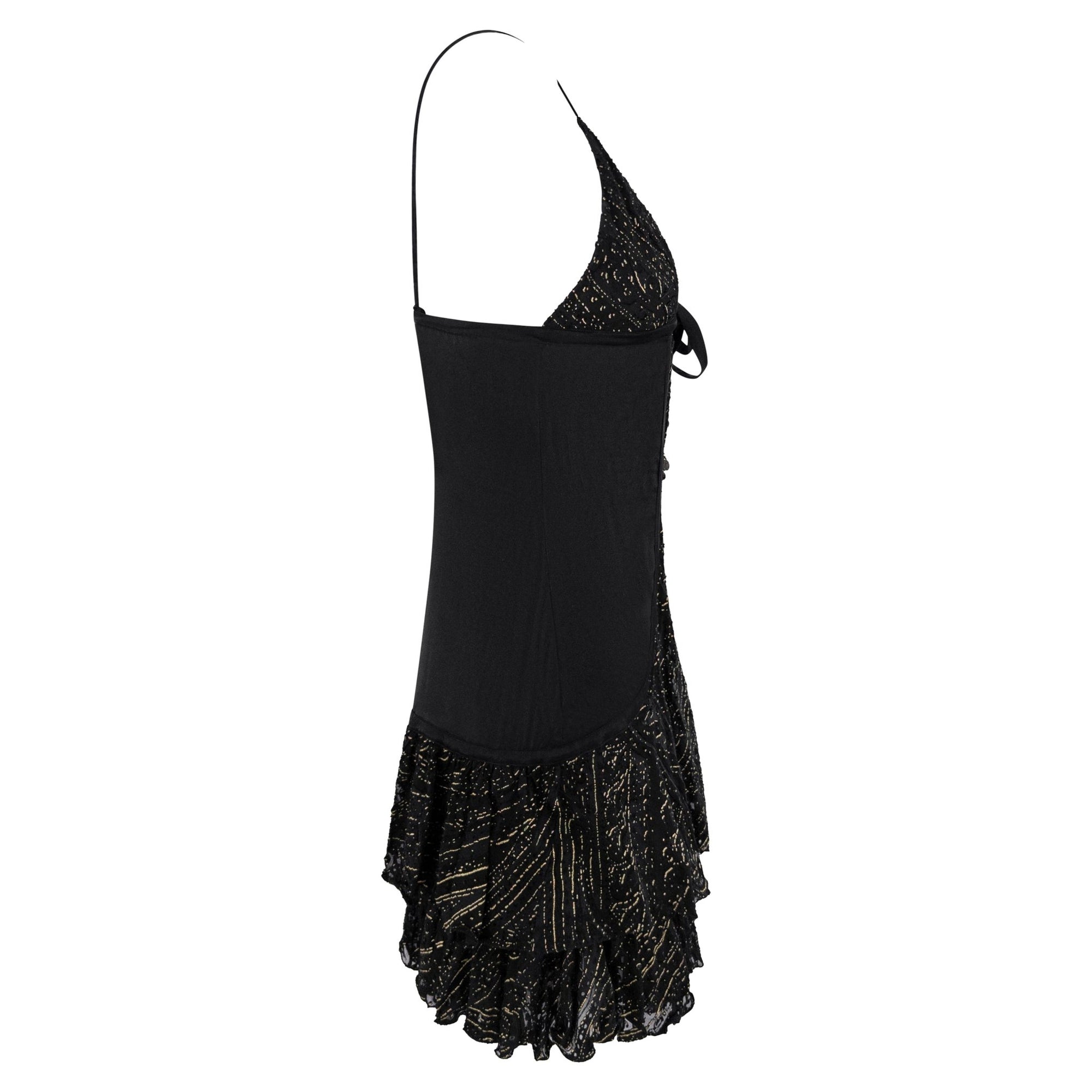 2004 Roberto Cavalli Black Silk Gold Charm Devoré Ruffled Mini Slip Dress - RealList
