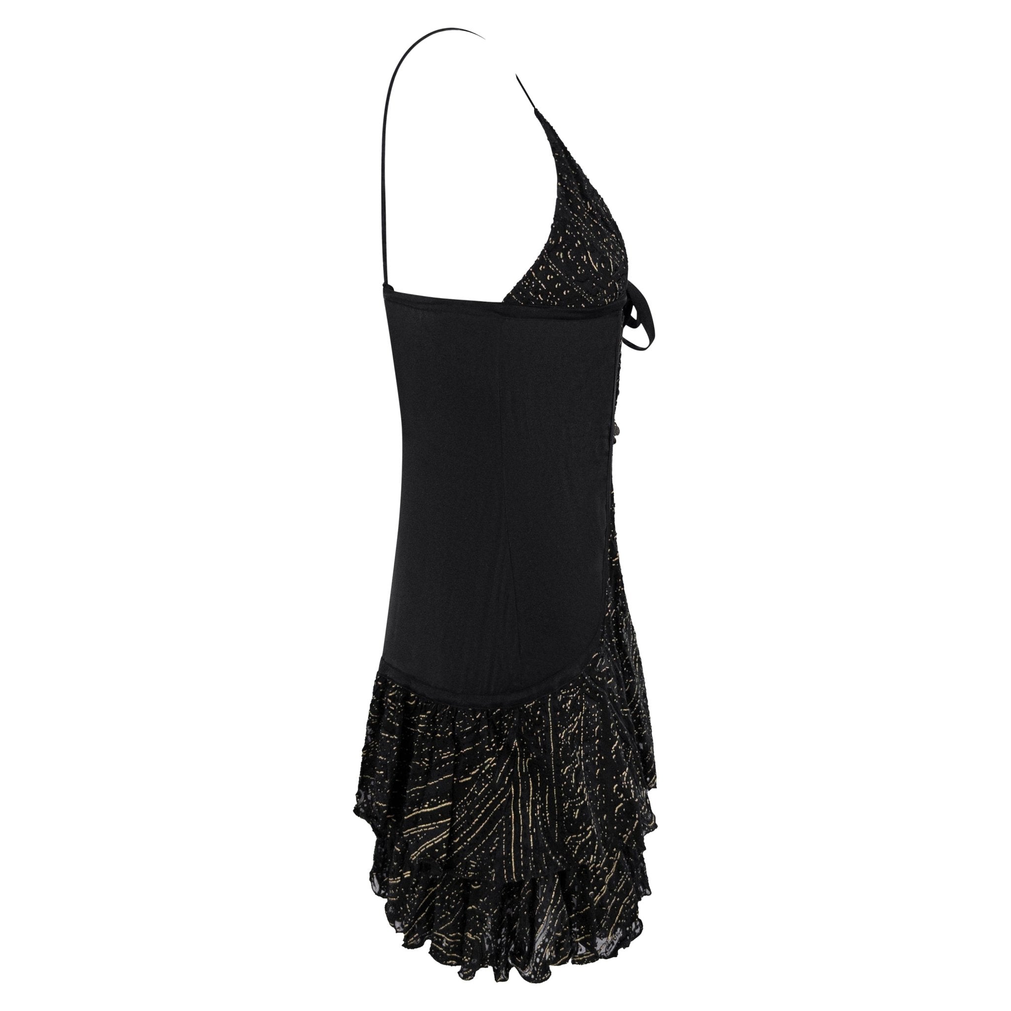 2004 Roberto Cavalli Black Silk Gold Charm Devoré Ruffled Mini Slip Dress - RealList