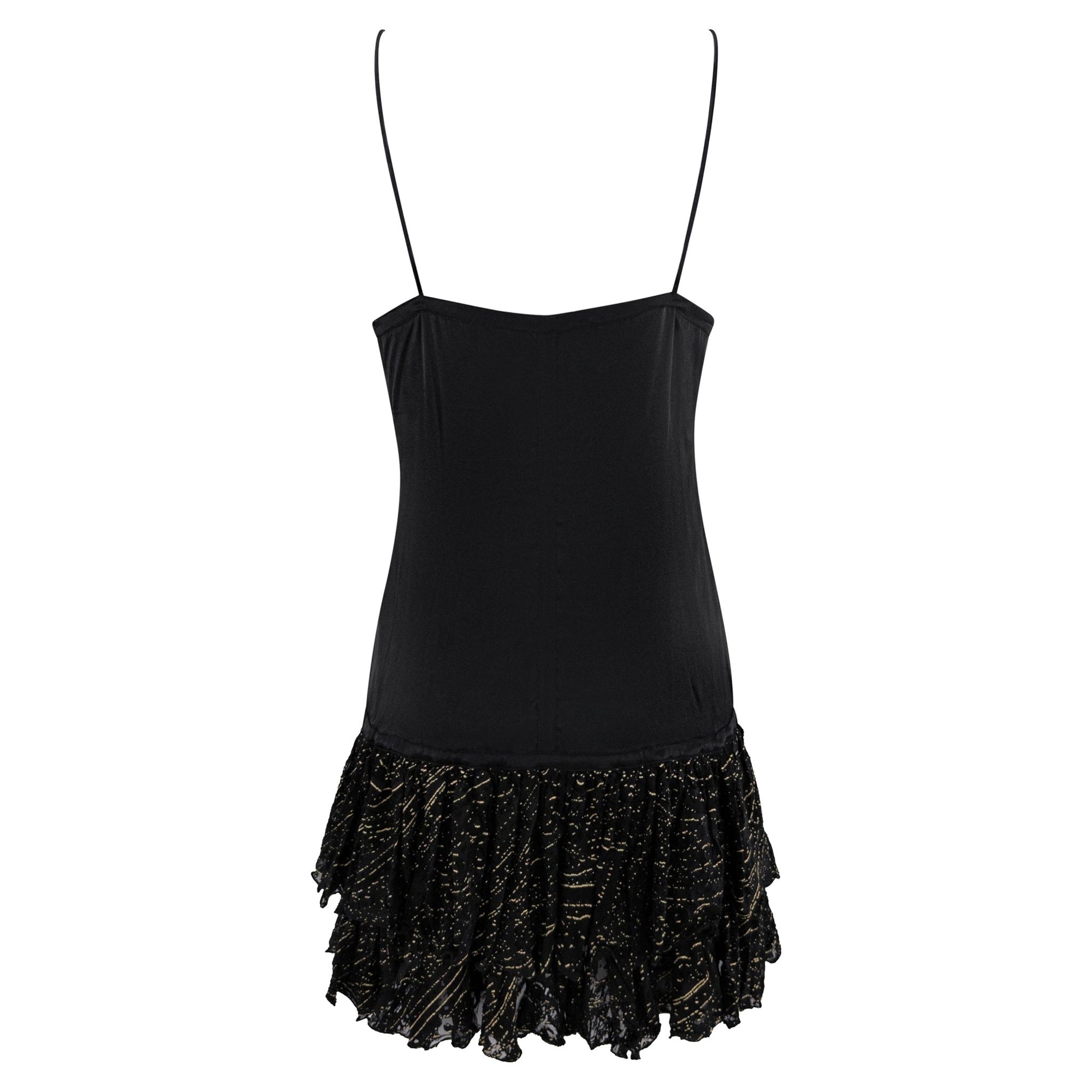 2004 Roberto Cavalli Black Silk Gold Charm Devoré Ruffled Mini Slip Dress - RealList