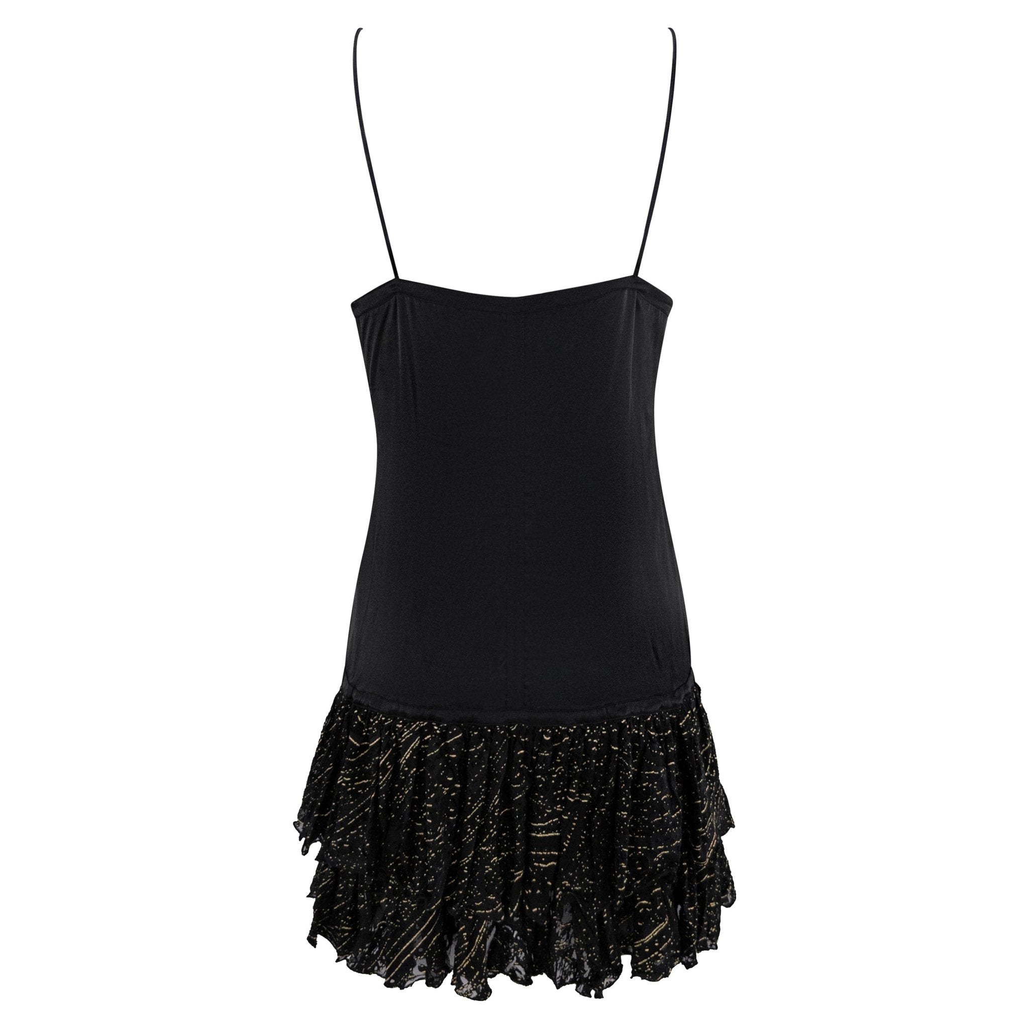 2004 Roberto Cavalli Black Silk Gold Charm Devoré Ruffled Mini Slip Dress - RealList