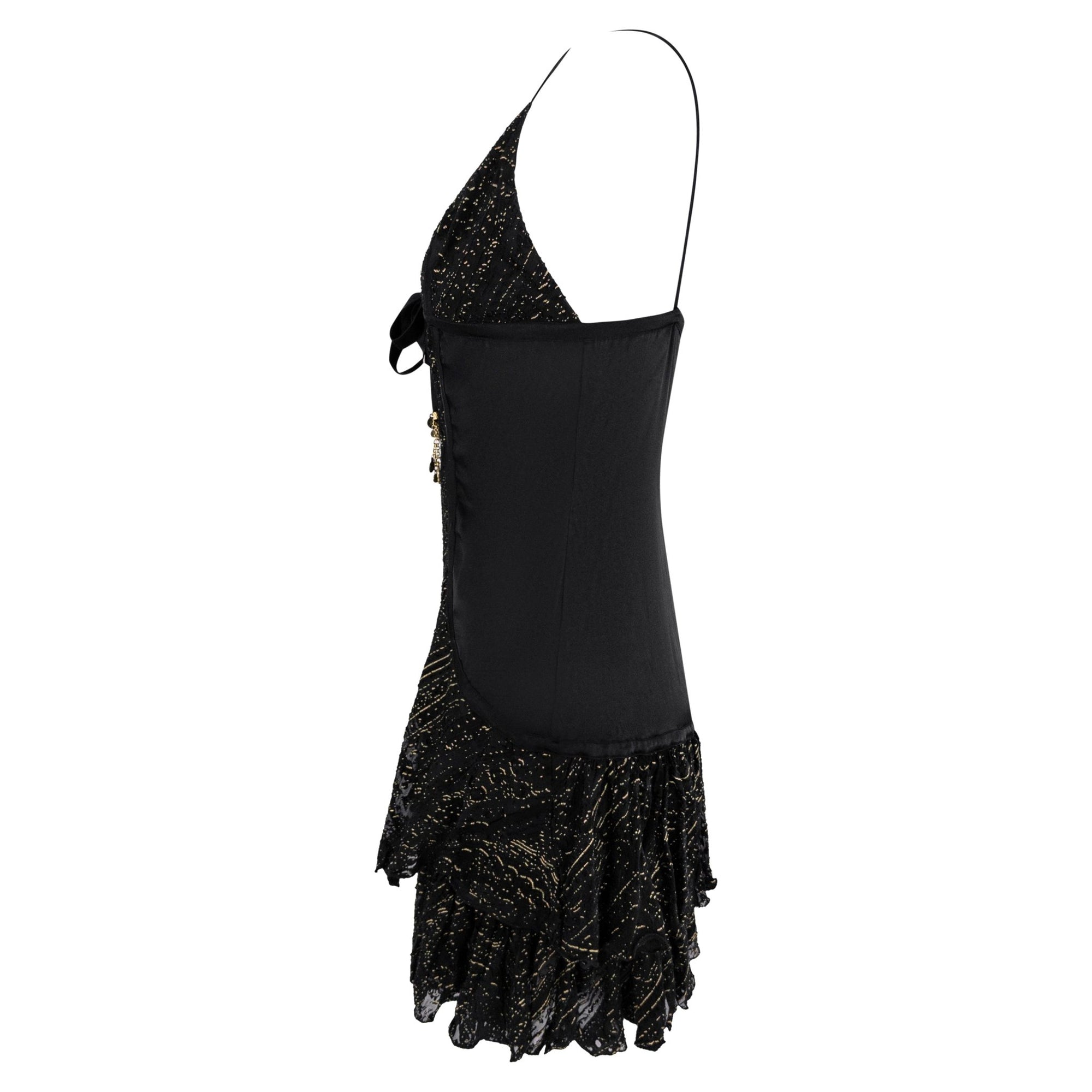 2004 Roberto Cavalli Black Silk Gold Charm Devoré Ruffled Mini Slip Dress - RealList