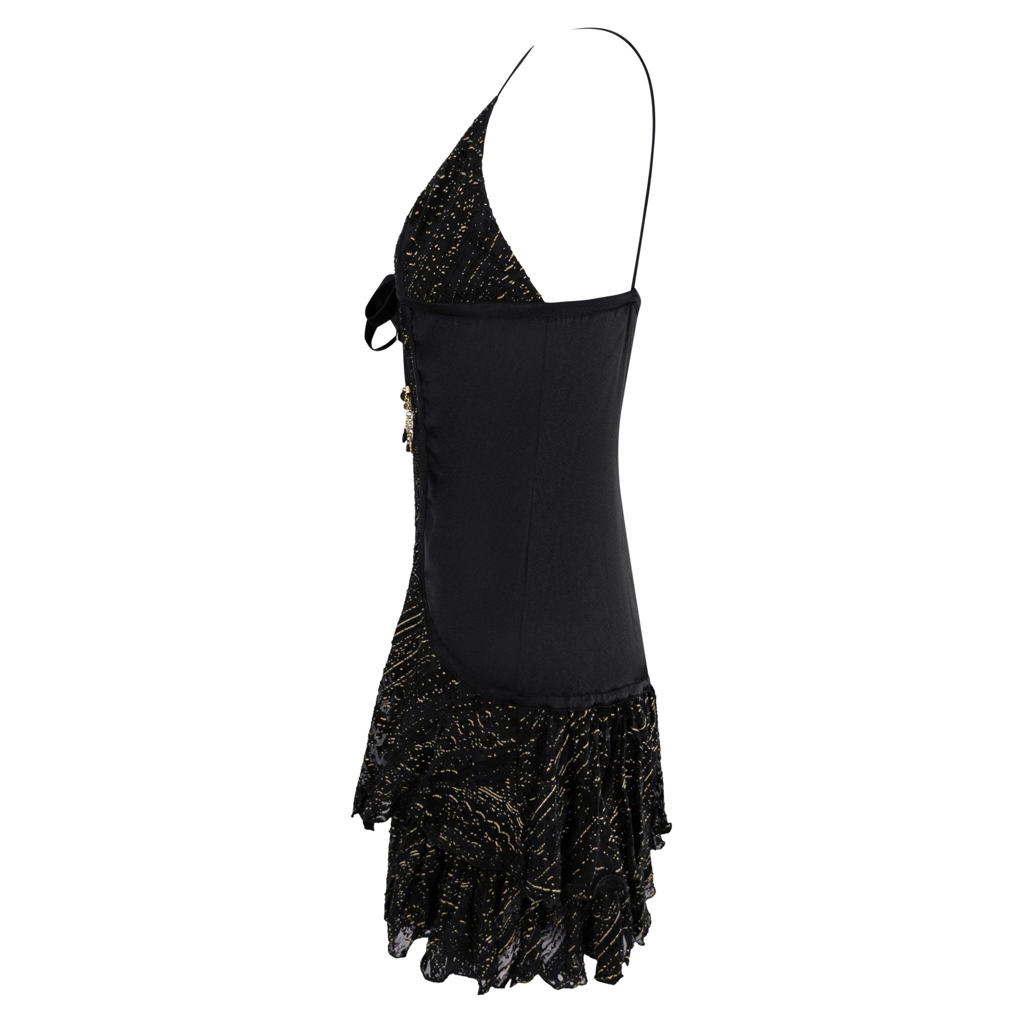 2004 Roberto Cavalli Black Silk Gold Charm Devoré Ruffled Mini Slip Dress - RealList