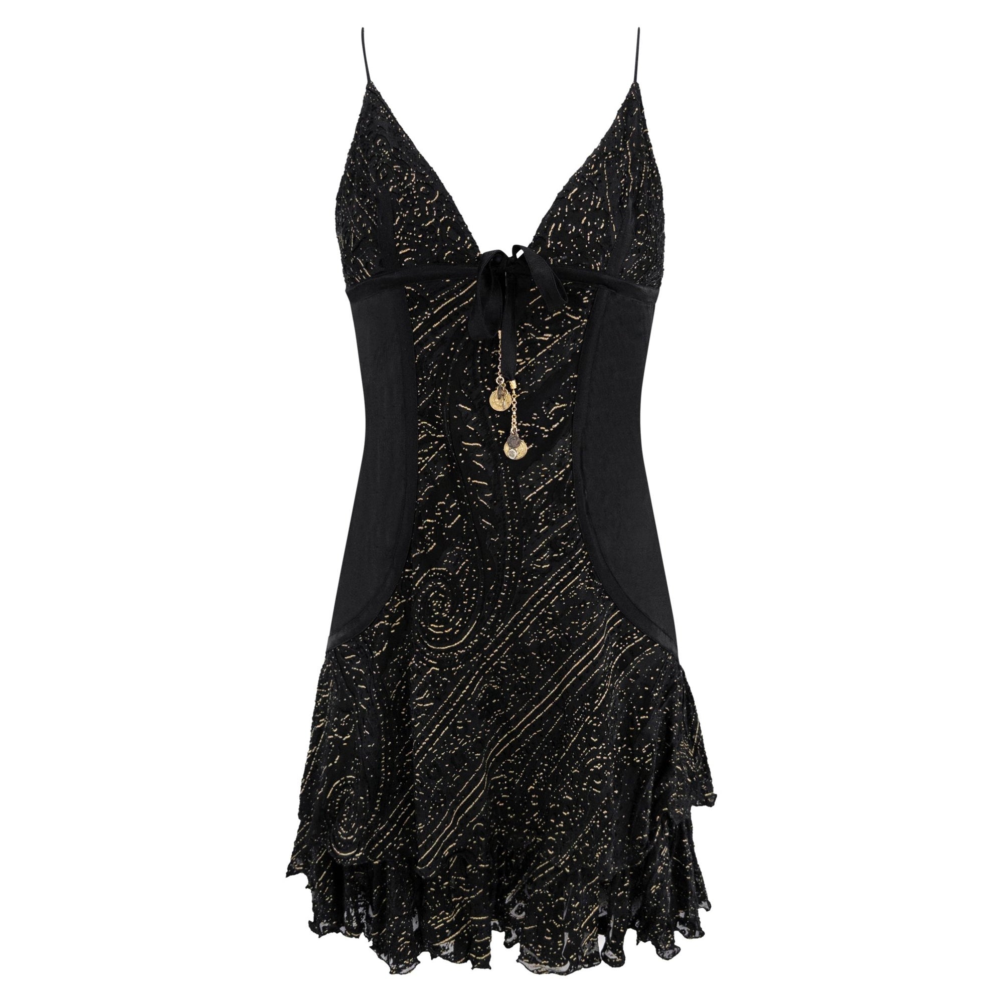 2004 Roberto Cavalli Black Silk Gold Charm Devoré Ruffled Mini Slip Dress - RealList