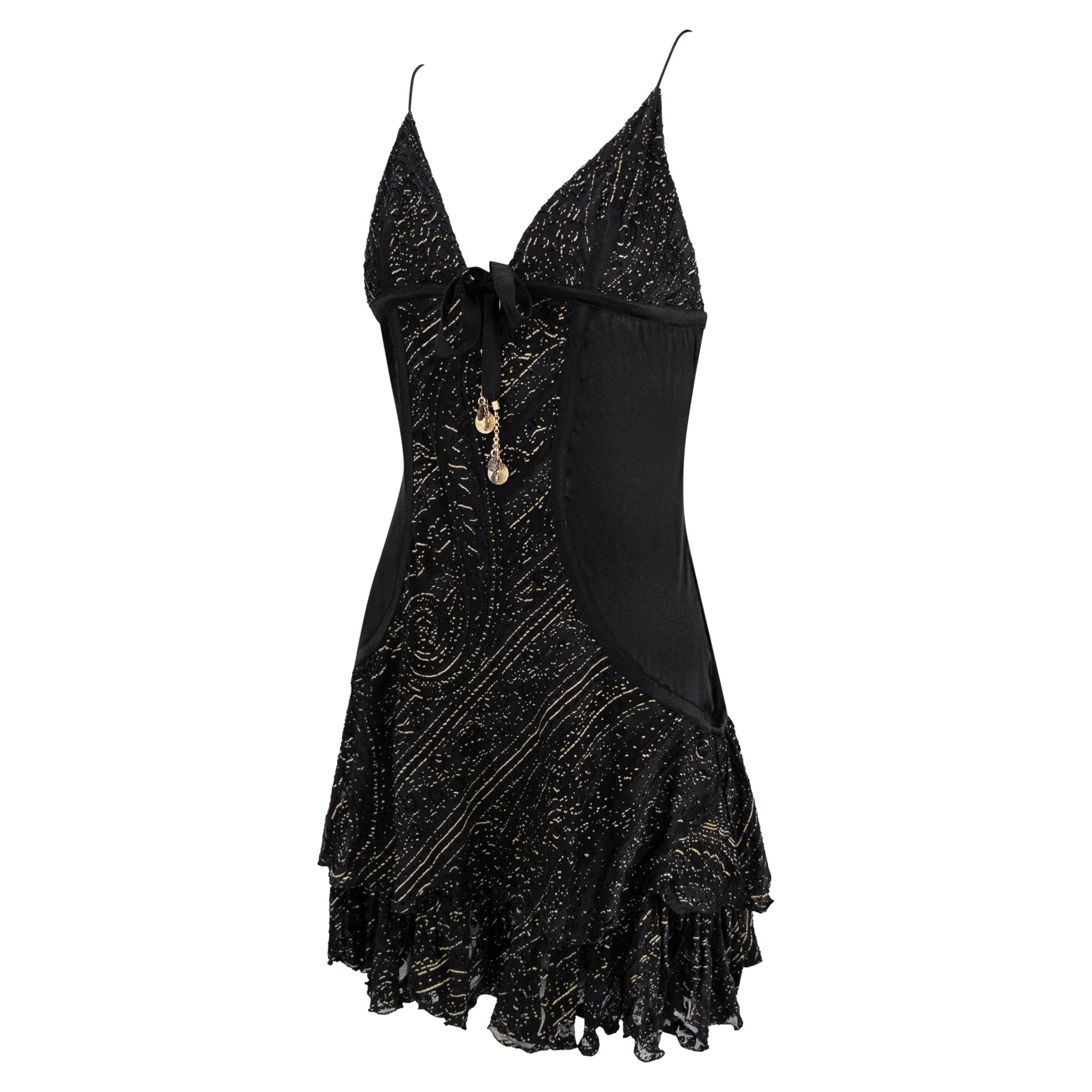 2004 Roberto Cavalli Black Silk Gold Charm Devoré Ruffled Mini Slip Dress - RealList