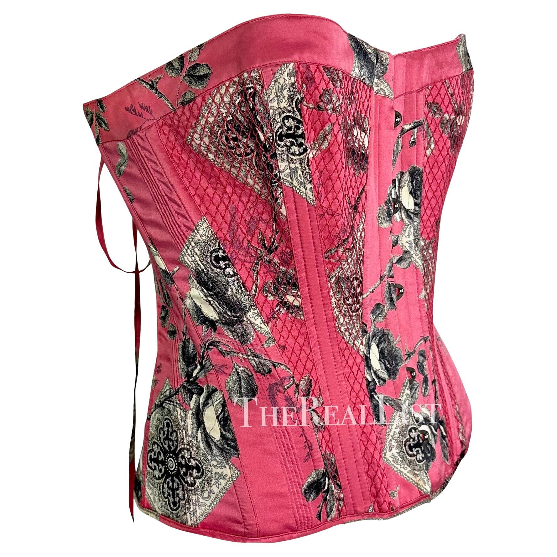 2004 Roberto Cavalli Pink Floral Quilted Silk Lace - Up Corset Bustier Top - RealList