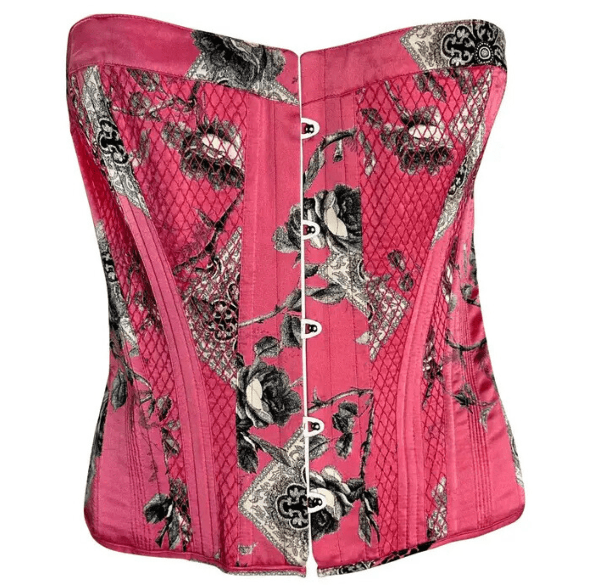 2004 Roberto Cavalli Pink Floral Quilted Silk Lace - Up Corset Bustier Top - RealList