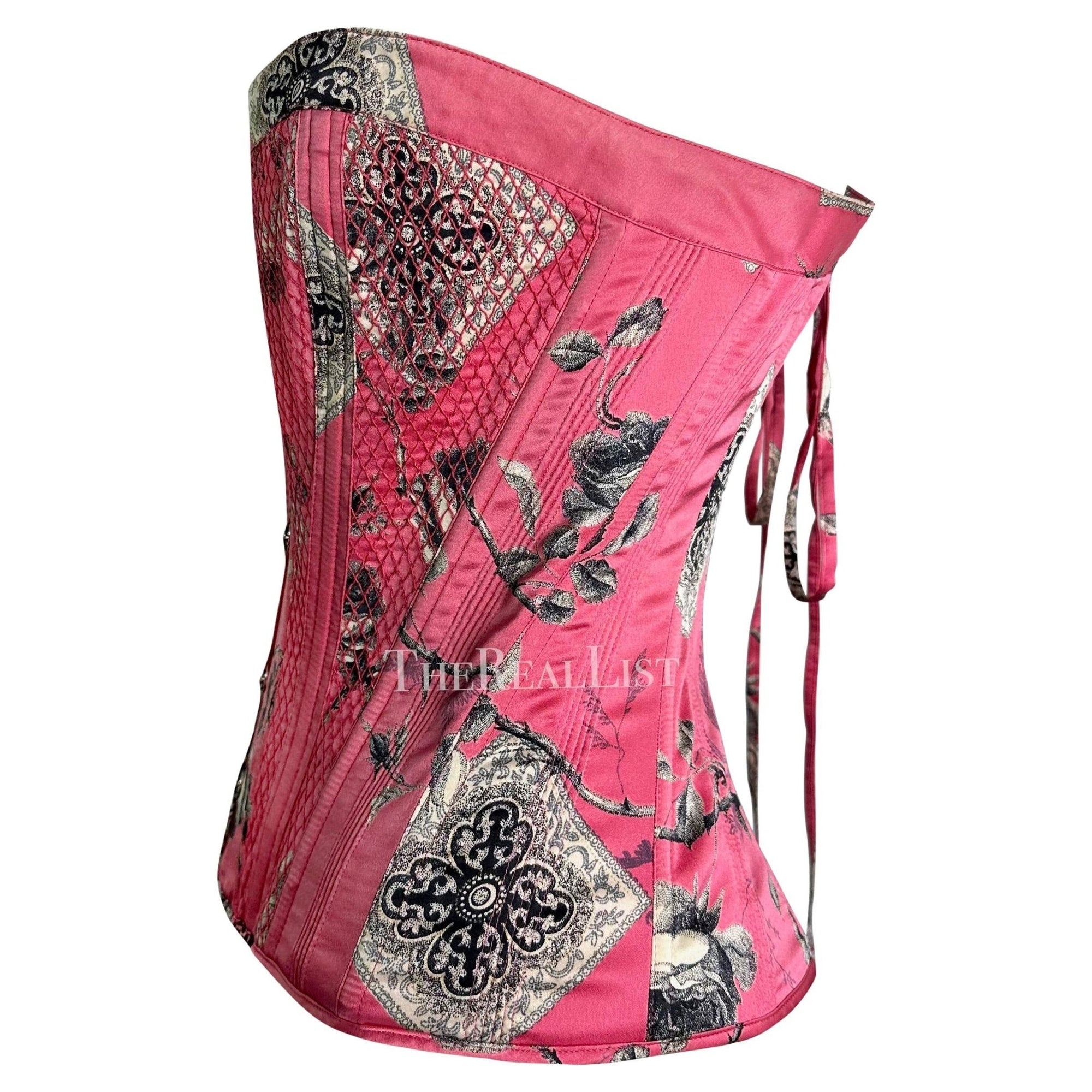 2004 Roberto Cavalli Pink Floral Quilted Silk Lace - Up Corset Bustier Top - RealList