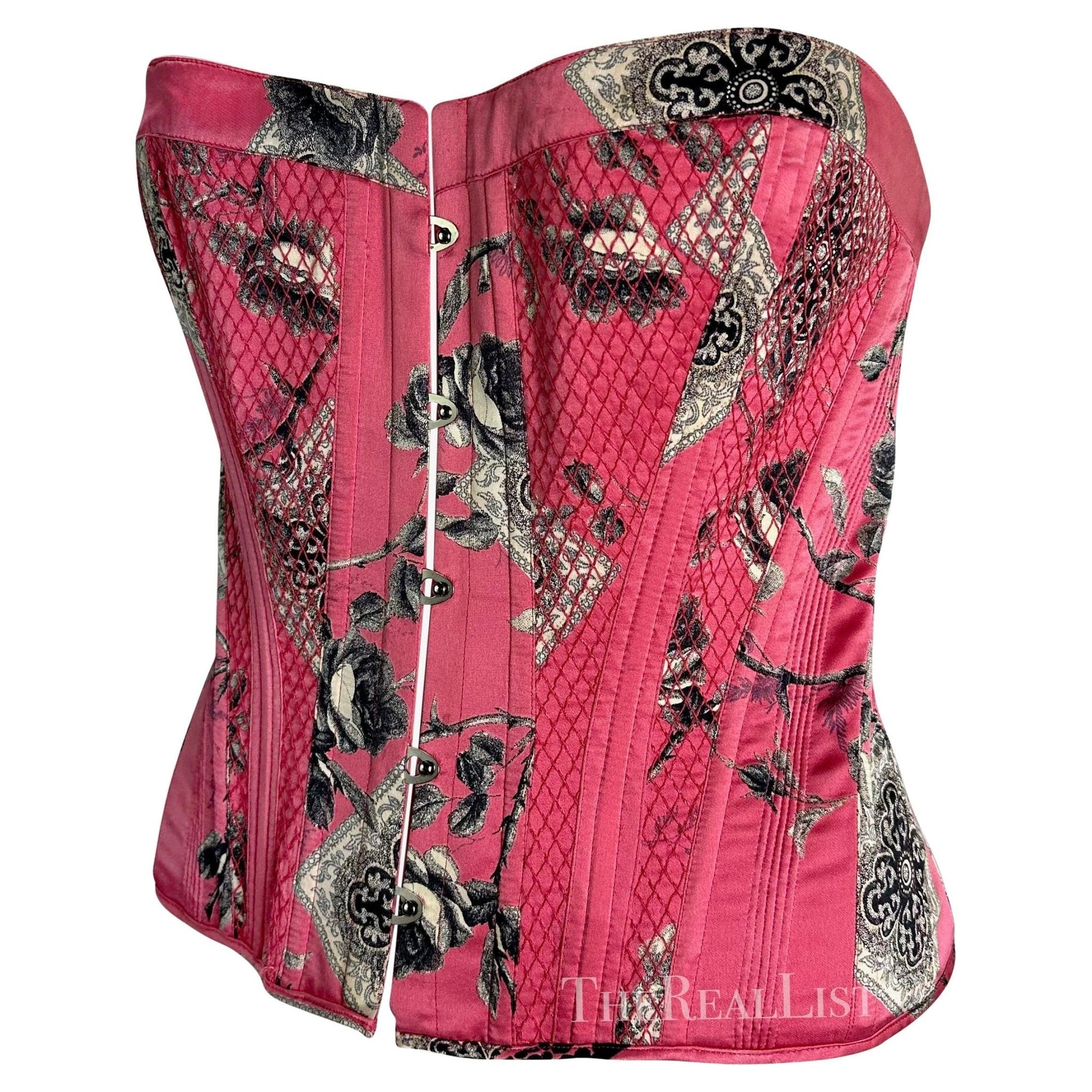 2004 Roberto Cavalli Pink Floral Quilted Silk Lace - Up Corset Bustier Top - RealList