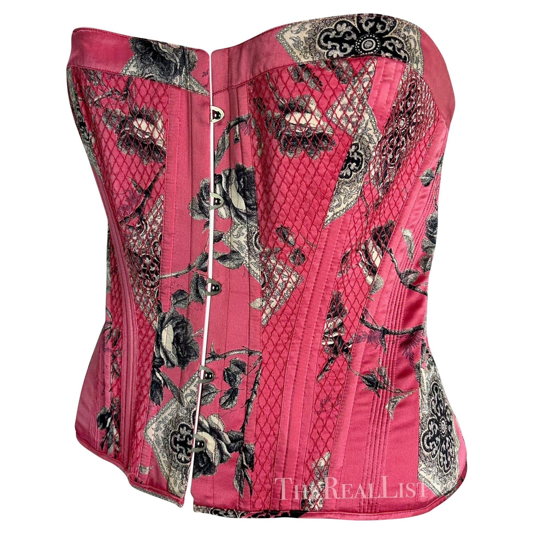 2004 Roberto Cavalli Pink Floral Quilted Silk Lace - Up Corset Bustier Top - RealList