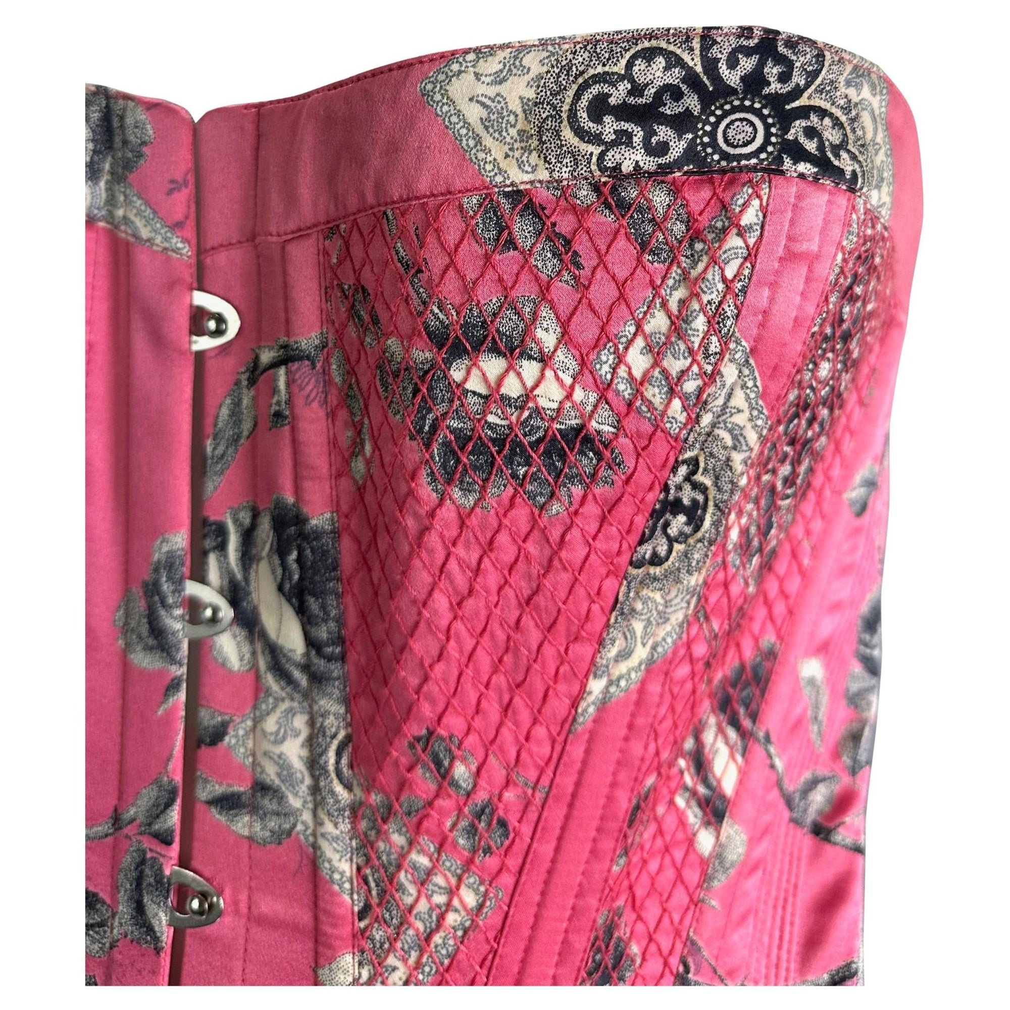 2004 Roberto Cavalli Pink Floral Quilted Silk Lace - Up Corset Bustier Top - RealList