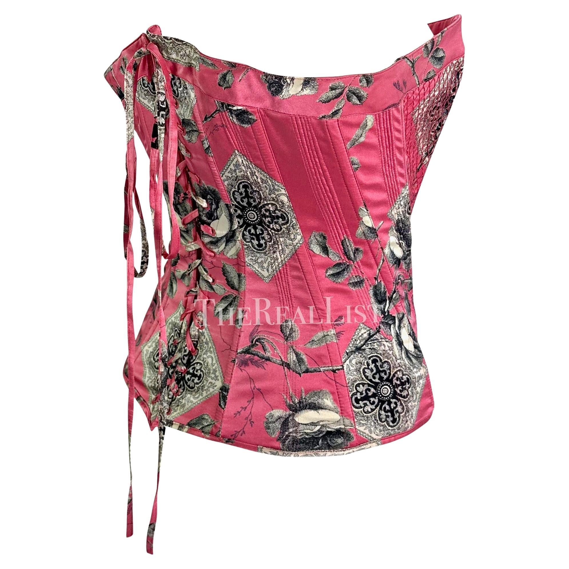 2004 Roberto Cavalli Pink Floral Quilted Silk Lace - Up Corset Bustier Top - RealList